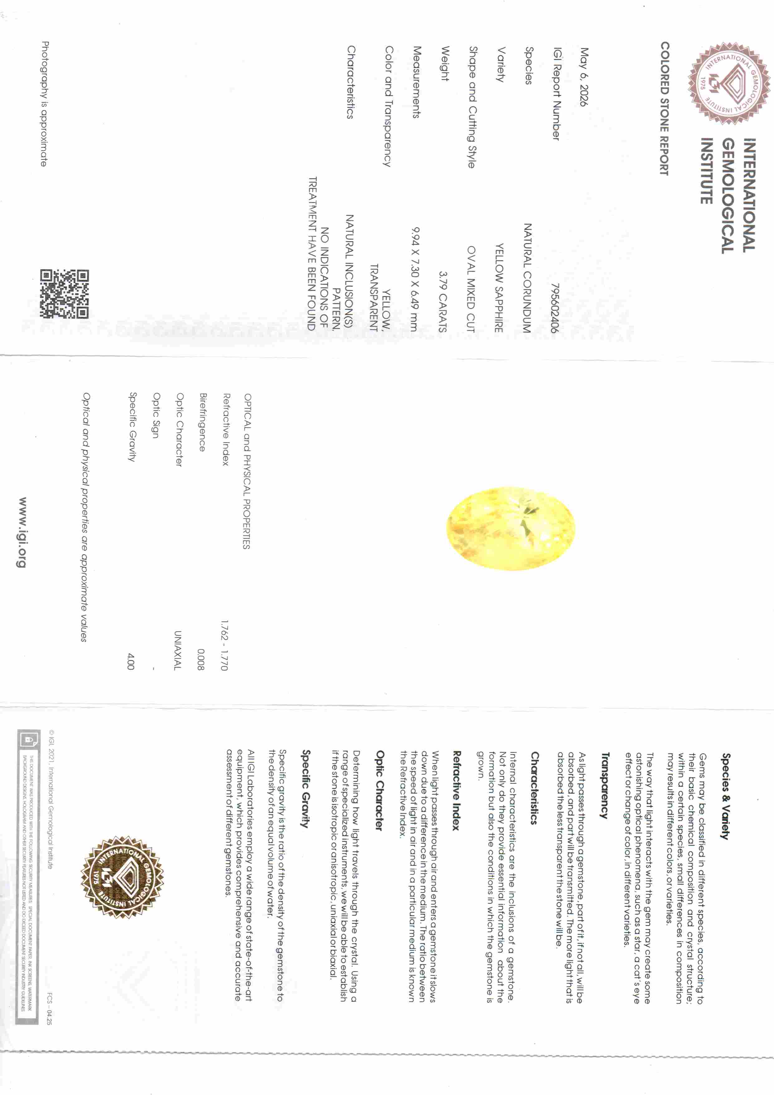 3.79 Carat 4.16 Ratti IGI Certified Yellow Sapphire Pukhraj Unheated Stone