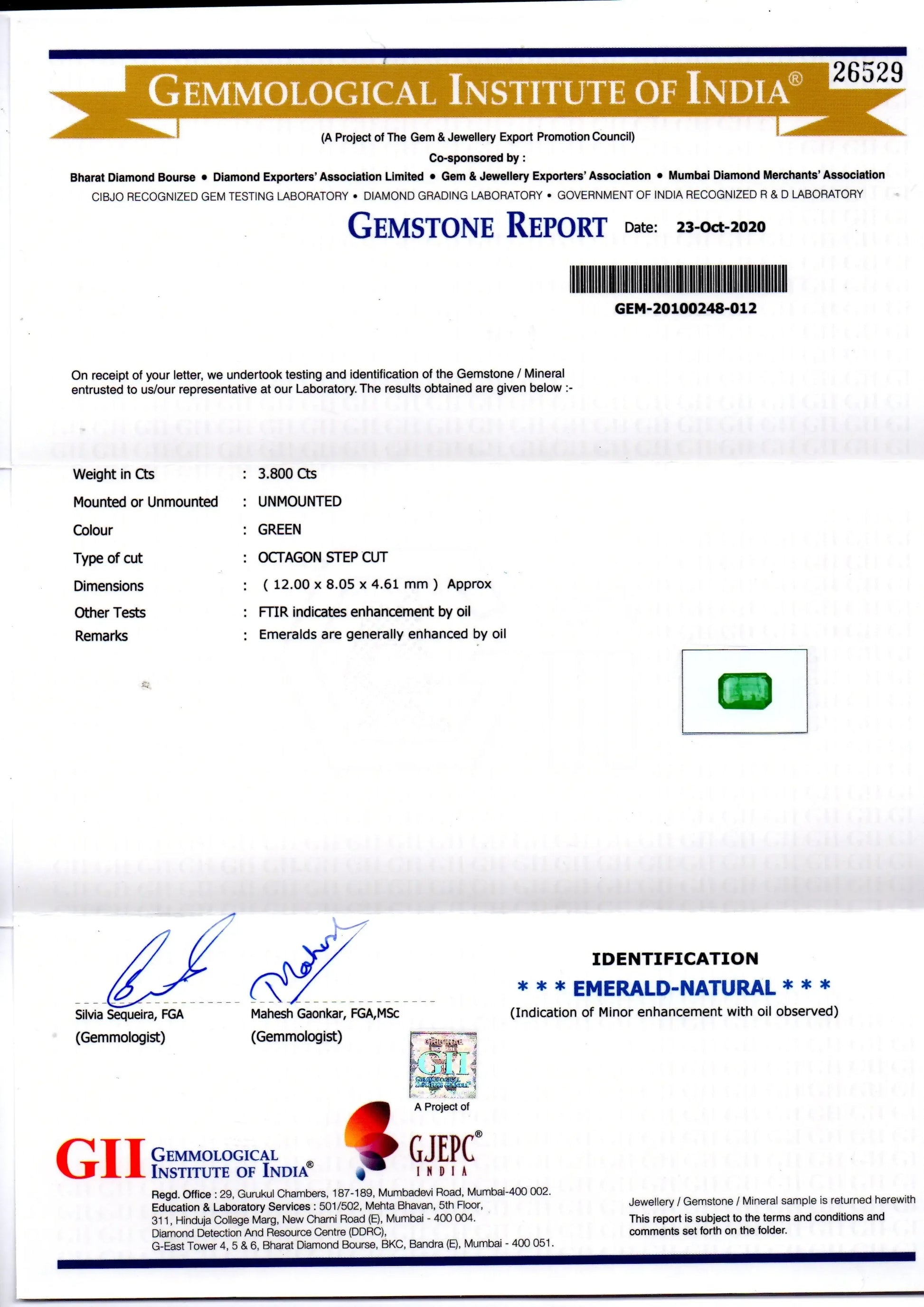 3.80 Ct GII Certified Untreated Natural Zambian Emerald Gems AA - Venus Gems