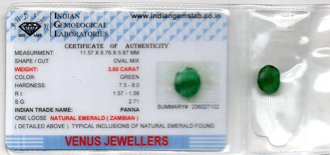 3.80 Ct Certified Untreated Natural Zambian Emerald Panna Gemstone - Venus Gems