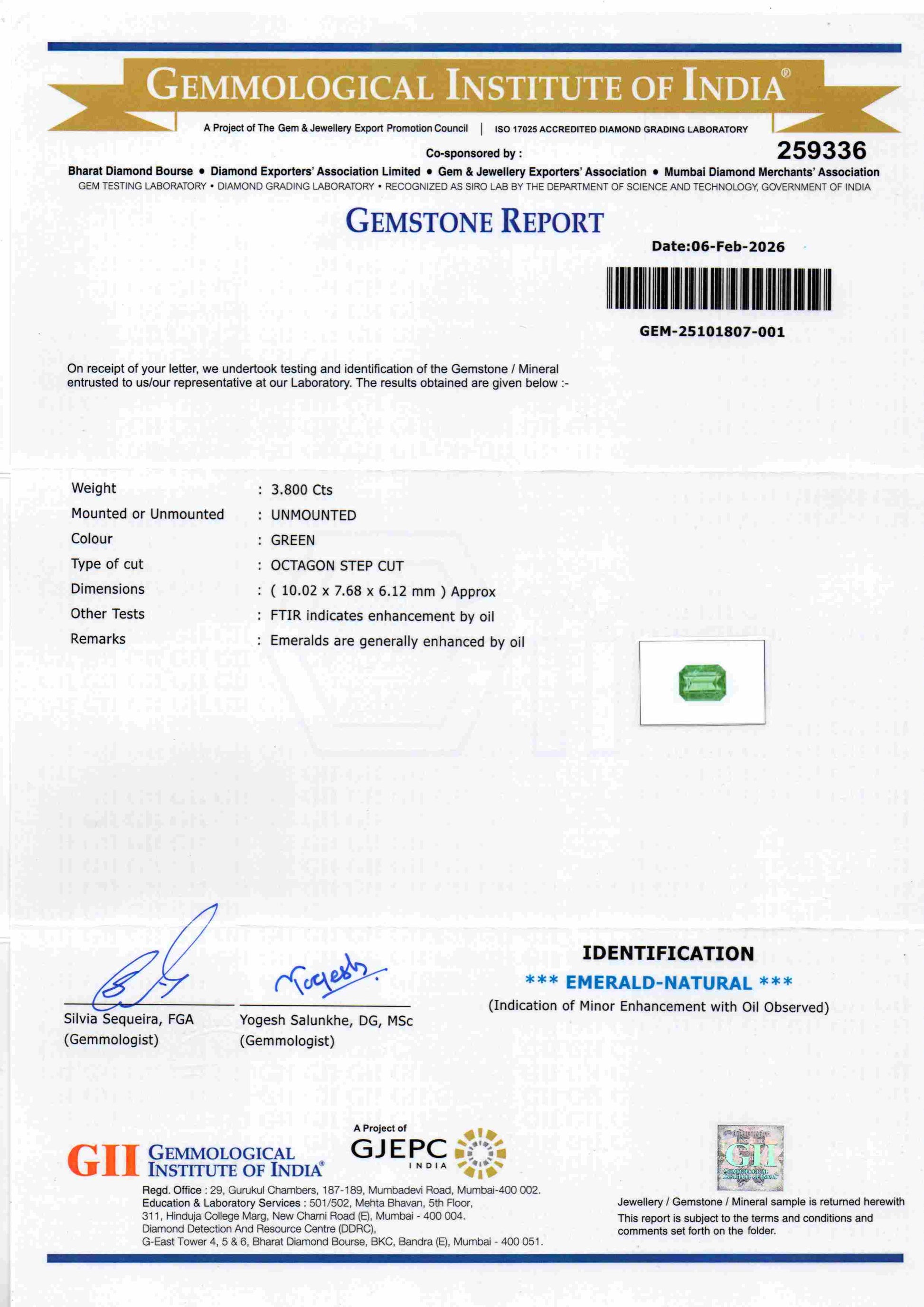 Gemstone report for 3.80 Carat GII Certified Natural Zambian Emerald, untreated, with details on weight and cut.