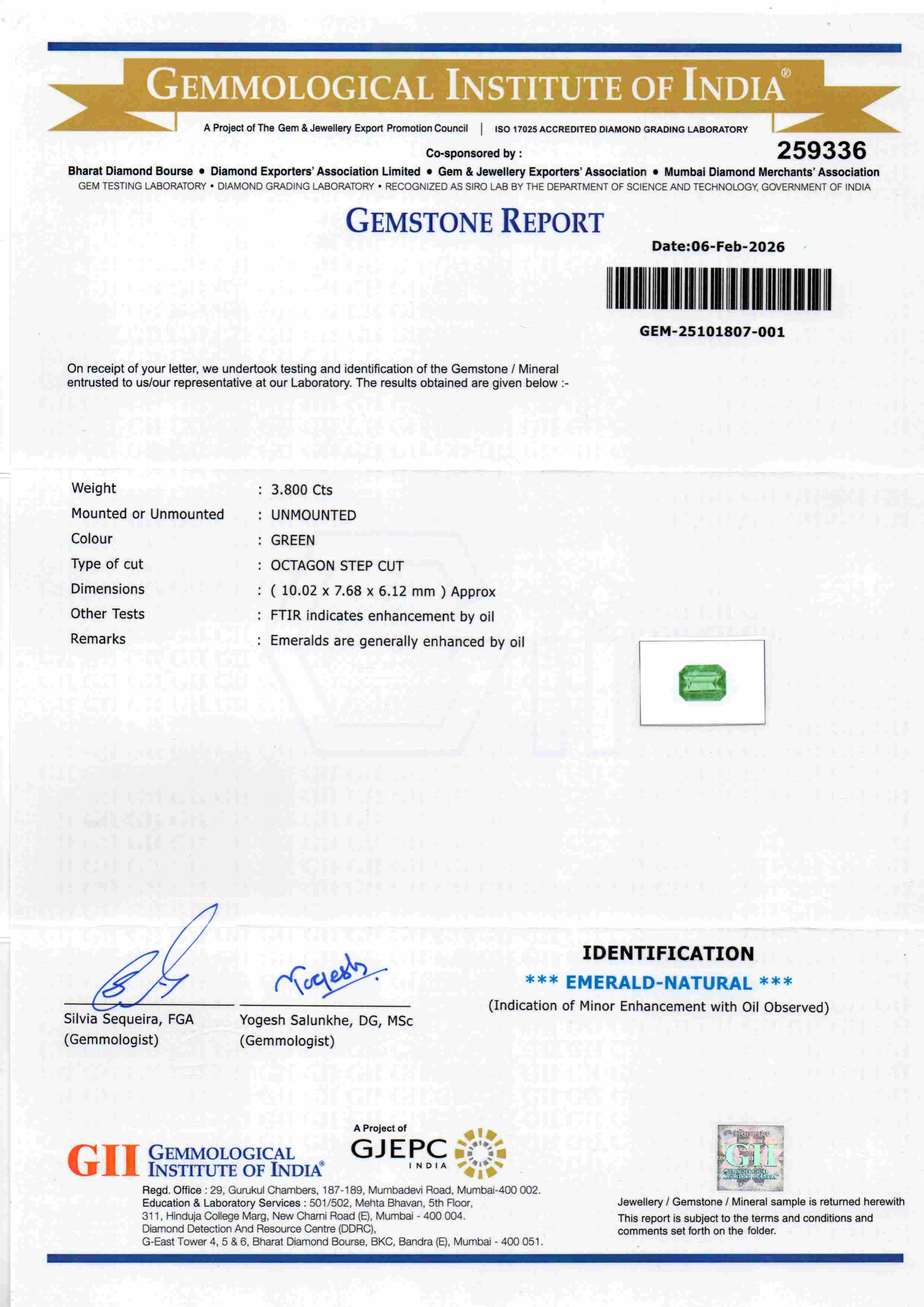 Gemstone report for 3.80 Carat GII Certified Natural Zambian Emerald, untreated, with details on weight and cut.