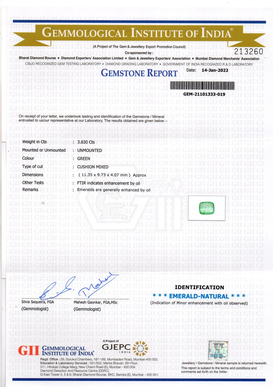 3.83 Ct GII Certified Untreated Natural Zambian Emerald Gemstone