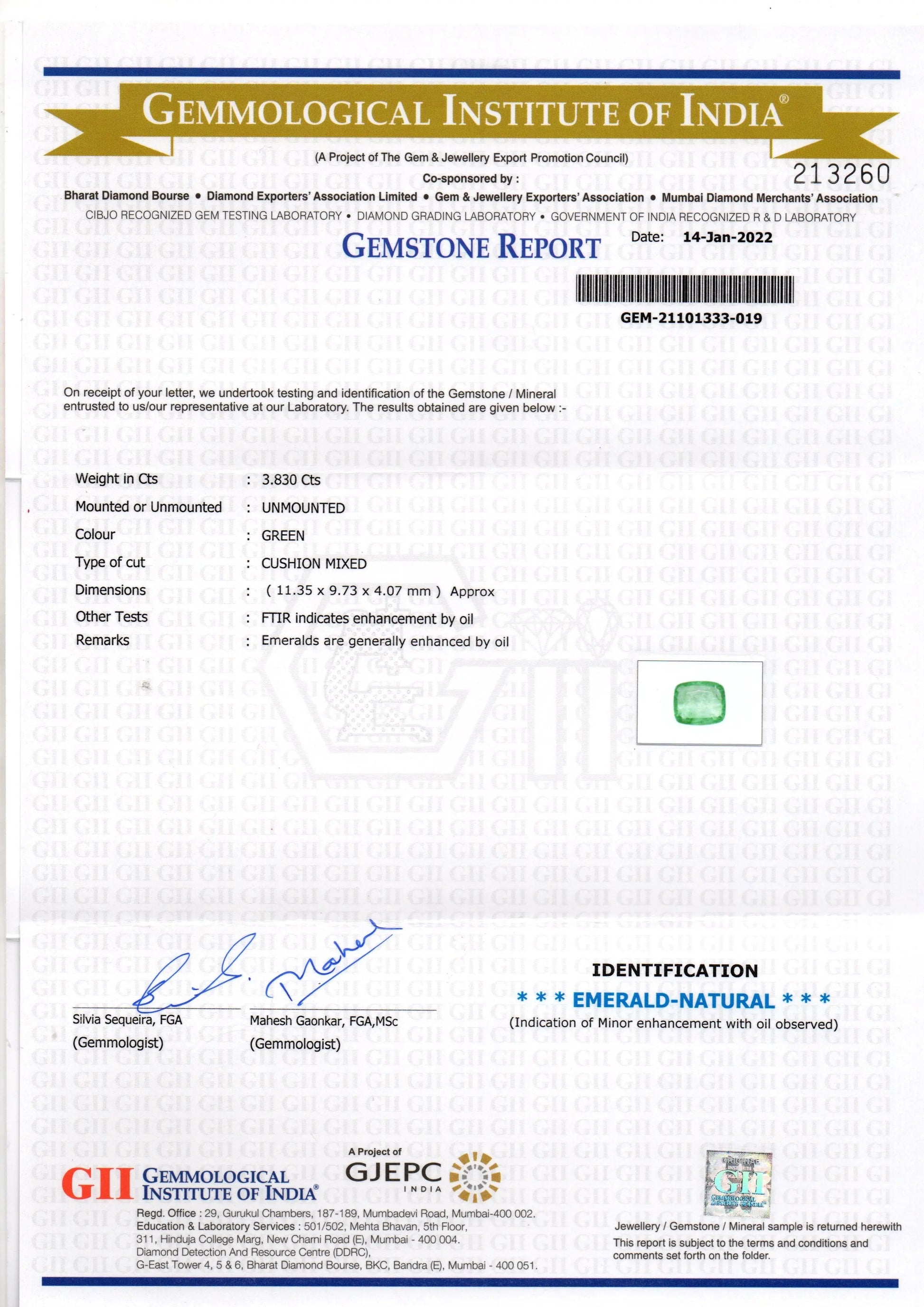 3.83 Ct GII Certified Untreated Natural Zambian Emerald Gemstone