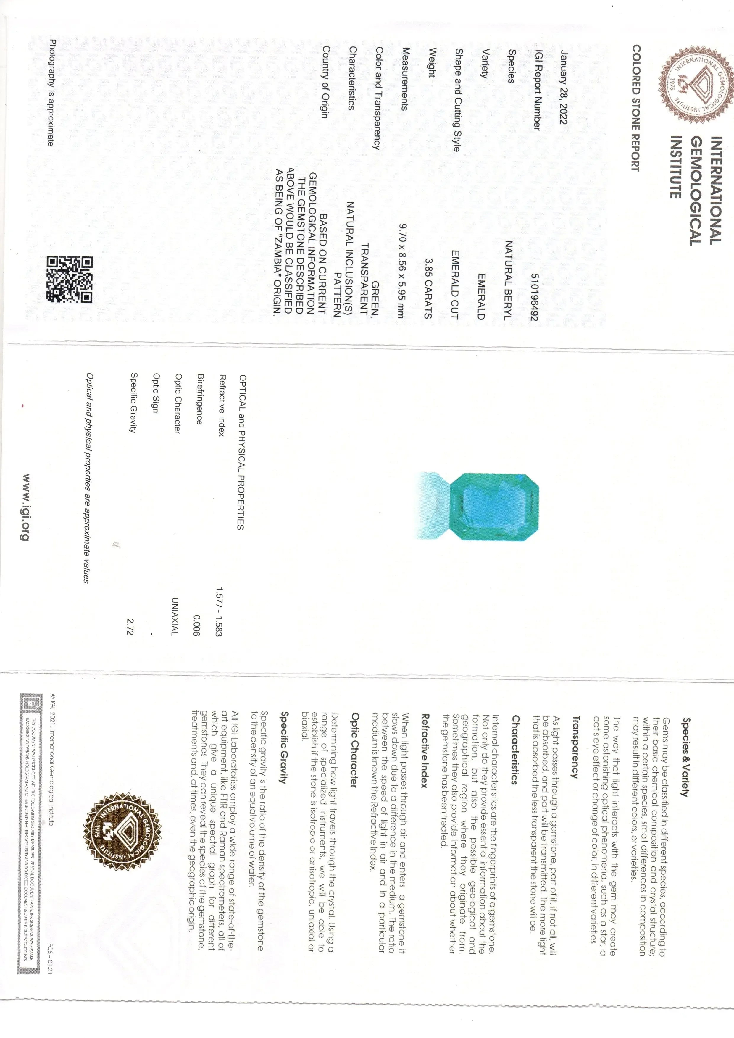 3.85 Ct IGI Certified Untreated Natural Zambian Emerald Gemstone - Venus Gems