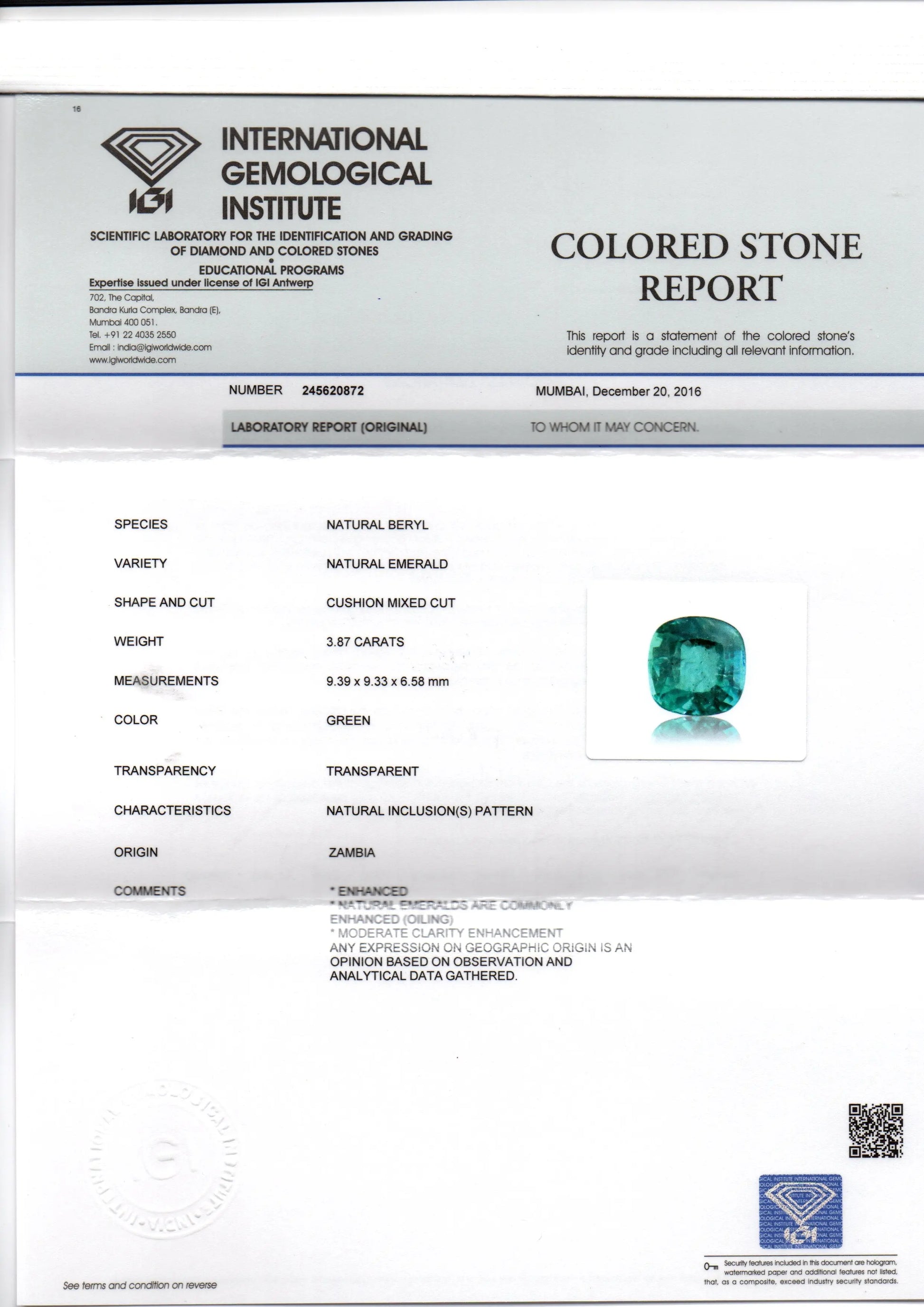 3.87 Ct Untreated Natural Zambian Emerald Gemstone Panna AAAA