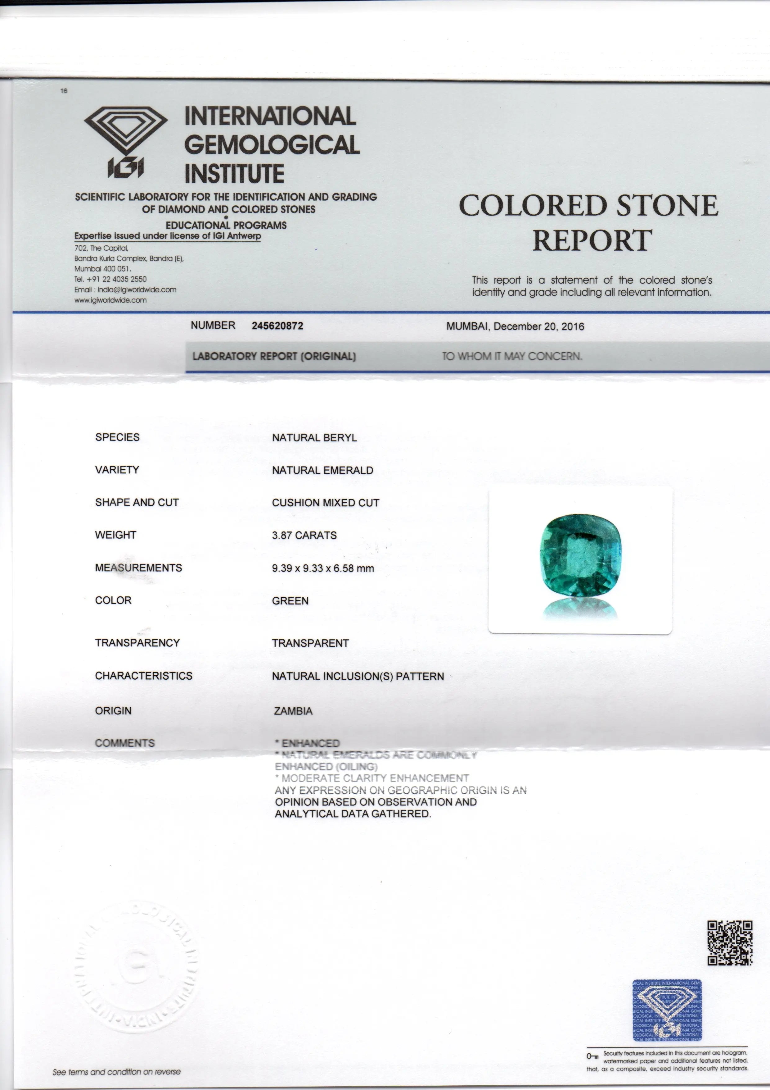 3.87 Ct Untreated Natural Zambian Emerald Gemstone Panna AAAA