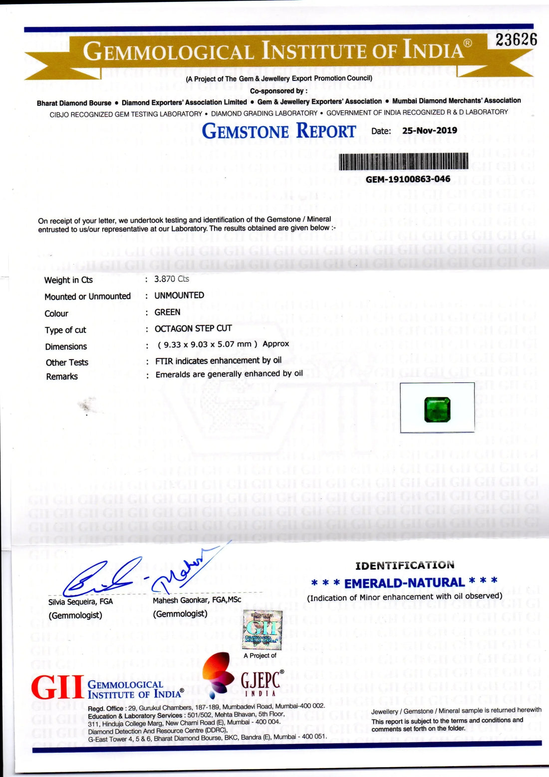 3.87 Ct GII Certified Untreated Natural Zambian Emerald Gemstone - Venus Gems