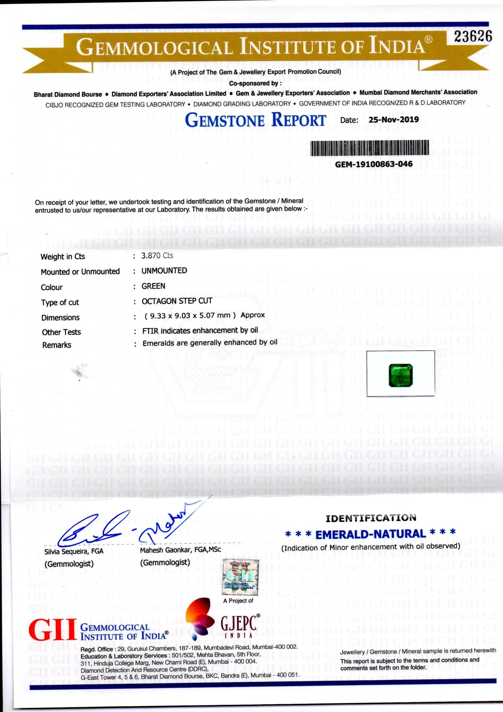 3.87 Ct GII Certified Untreated Natural Zambian Emerald Gemstone - Venus Gems