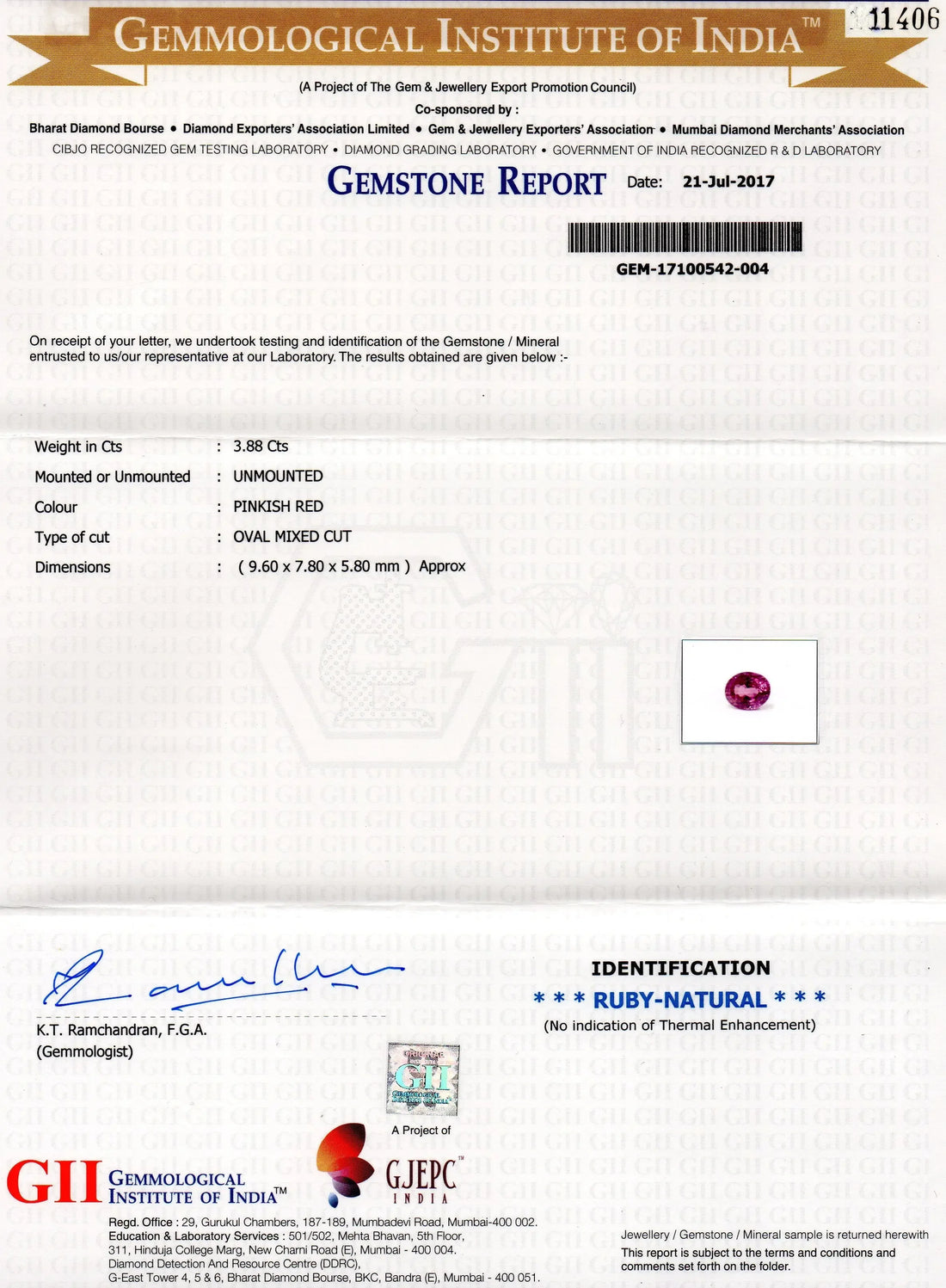 3.88 Ct GII Certified Unheated Untreated Natural Madagaskar Ruby AAAA - Venus Gems