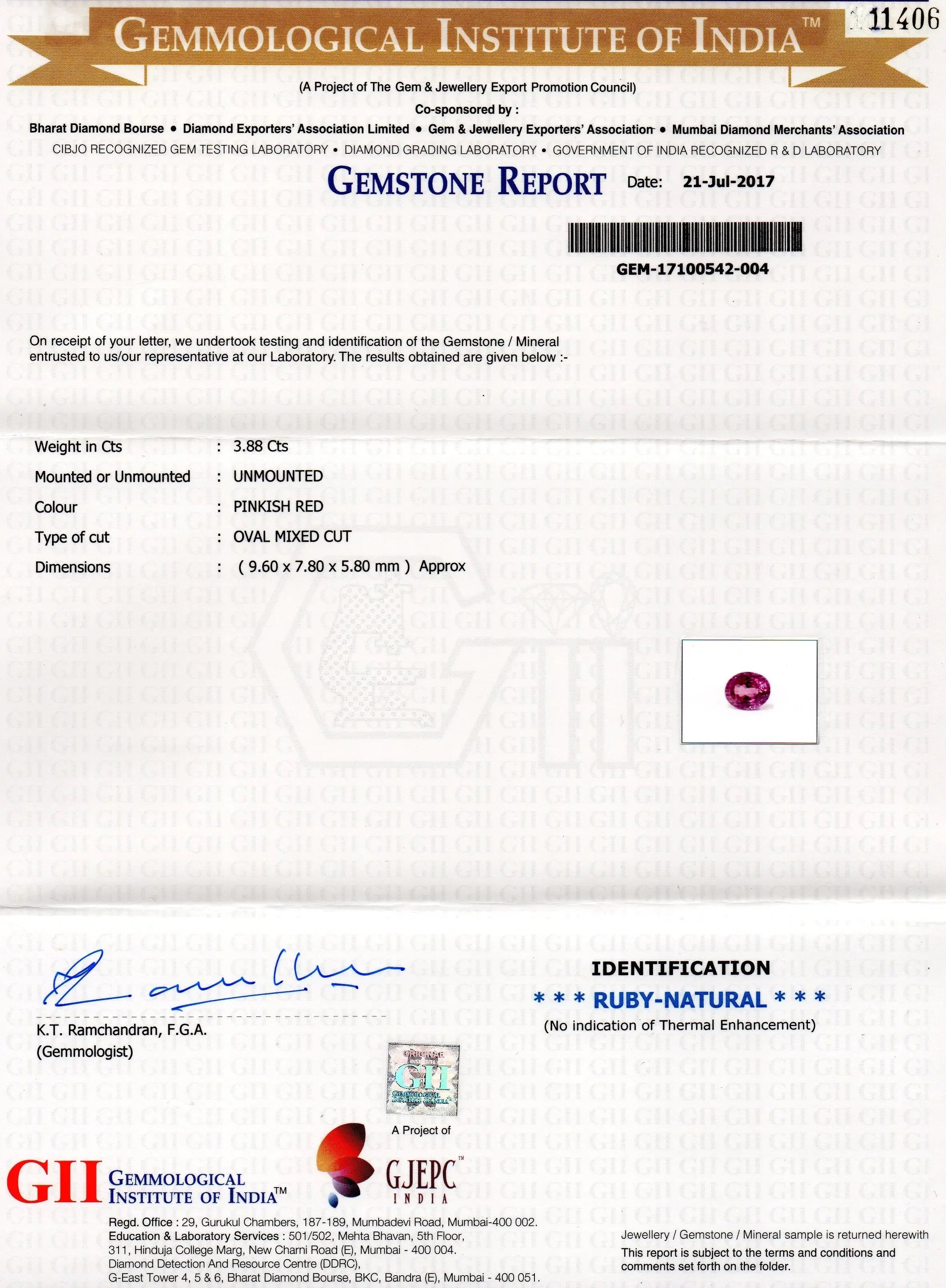 3.88 Ct GII Certified Unheated Untreated Natural Madagaskar Ruby AAAA - Venus Gems