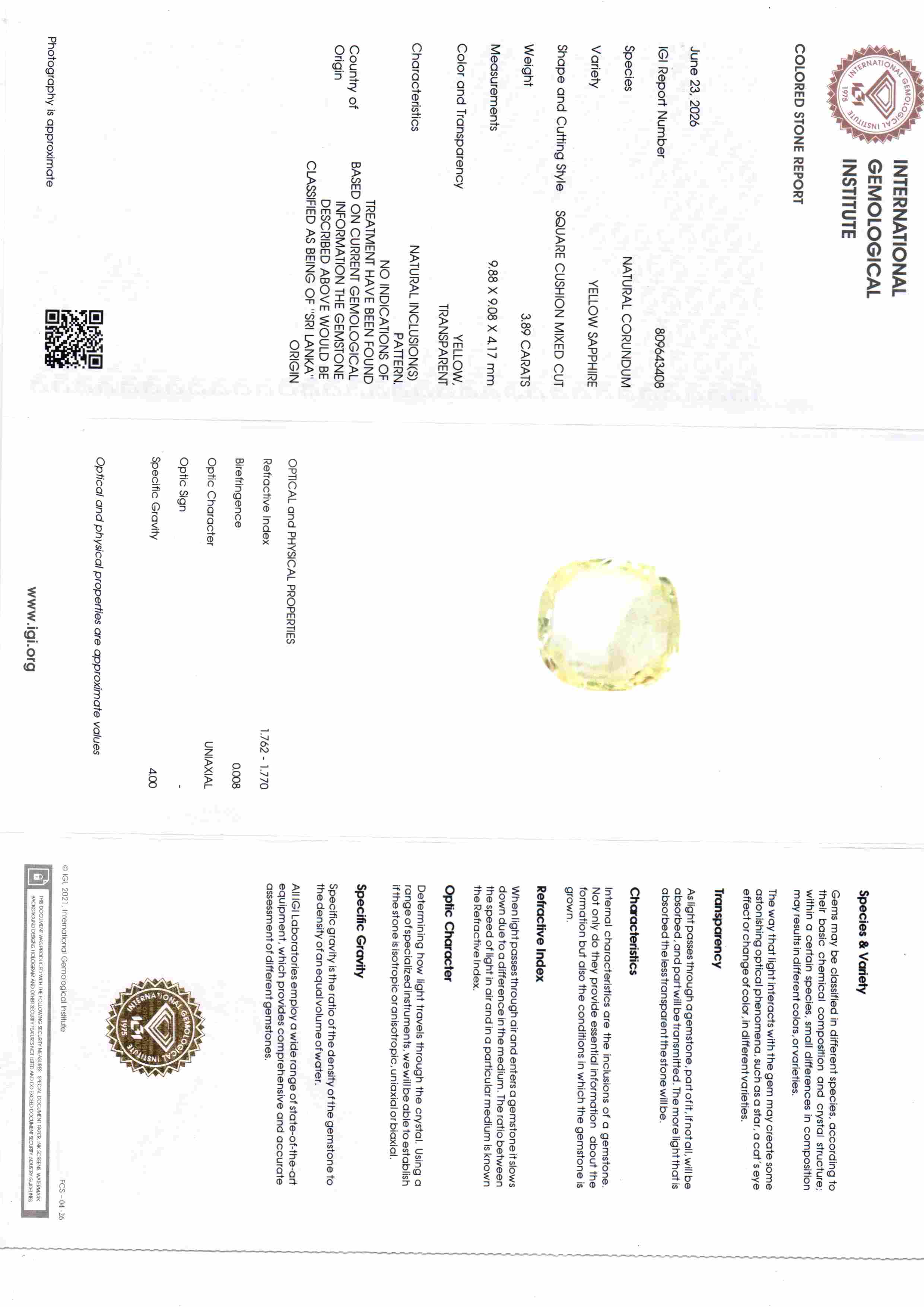3.89 Ct IGI Certified Unheated Natural Ceylon Yellow Sapphire Pukhraj – 4.27 Ratti