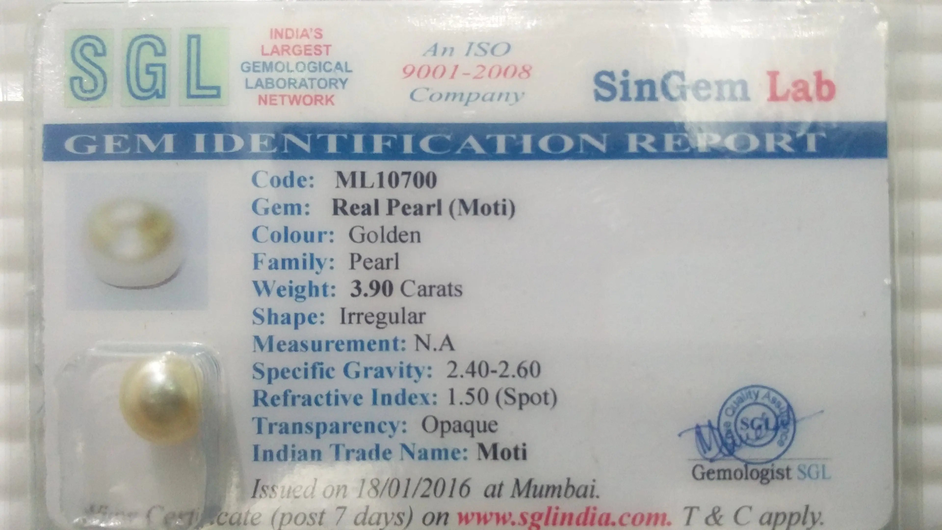 3.90 Ct Certified Natural Venunjula Real Pearl/Real Moti