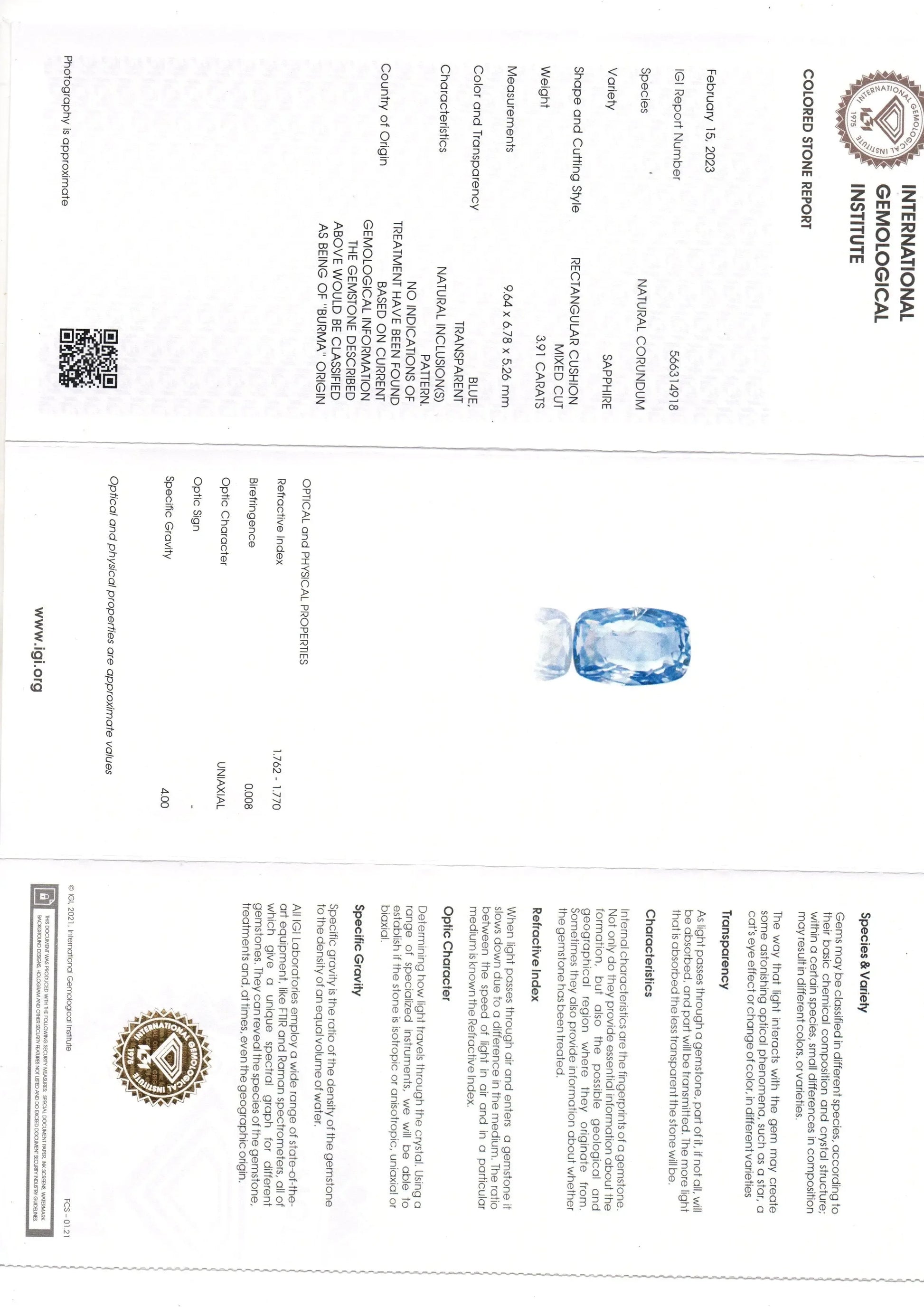 3.91 Ct IGI Certified Unheaated Untreated Natural Burma Blue Sapphire AA - Venus Gems