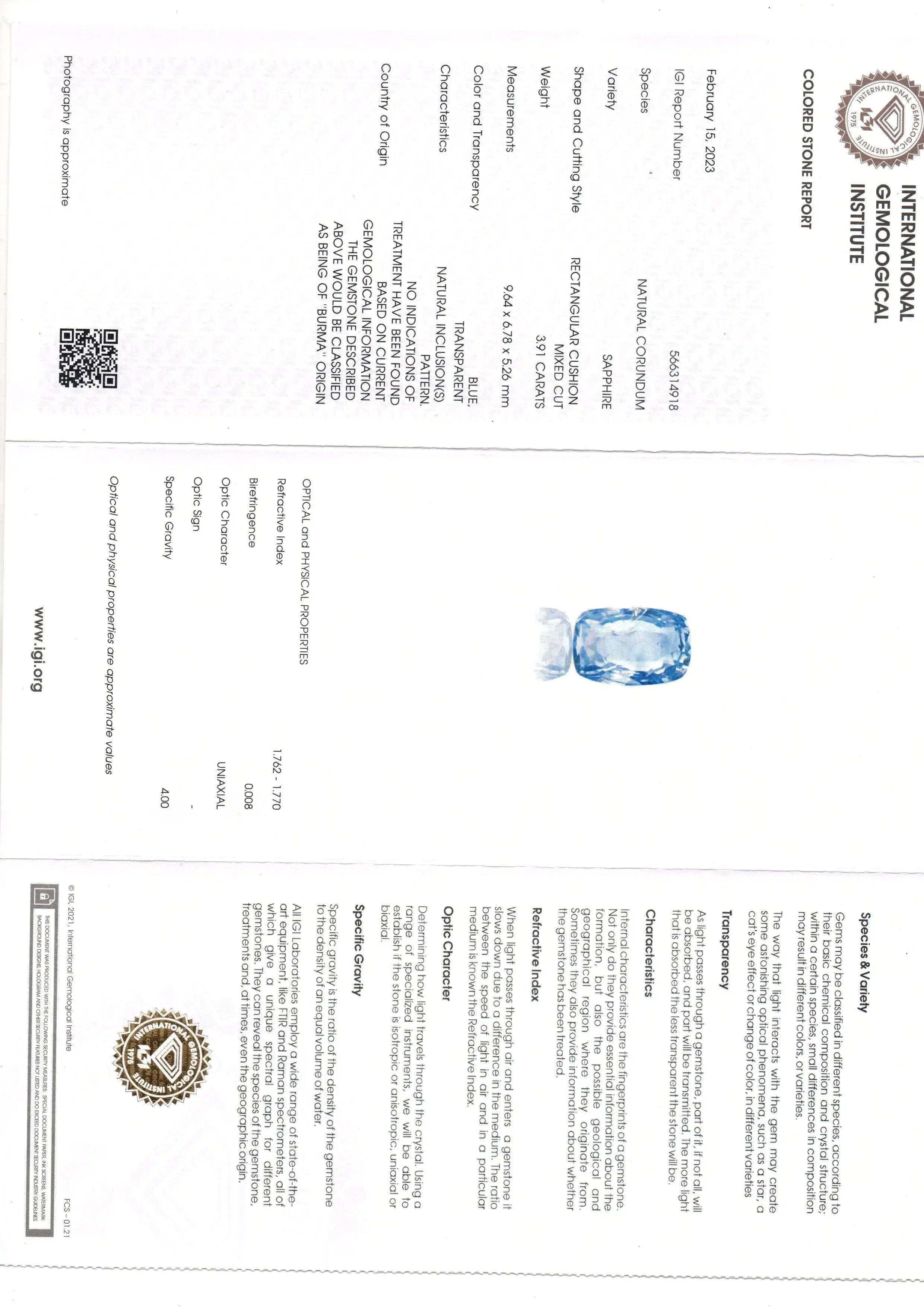 3.91 Ct IGI Certified Unheaated Untreated Natural Burma Blue Sapphire AA - Venus Gems