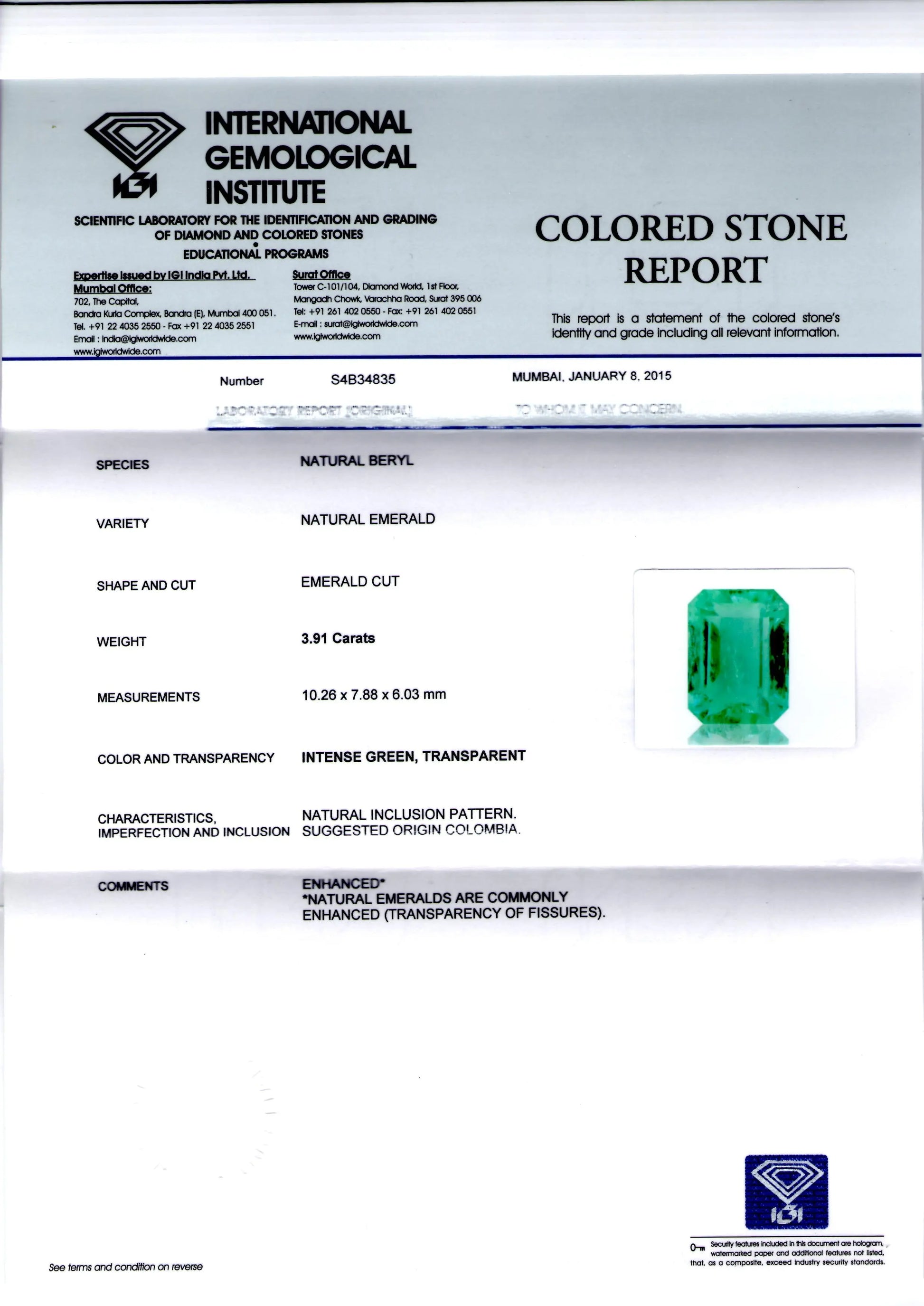 3.91 Ct Unheated Natural Colombian Emerald Gemstone**RARE**