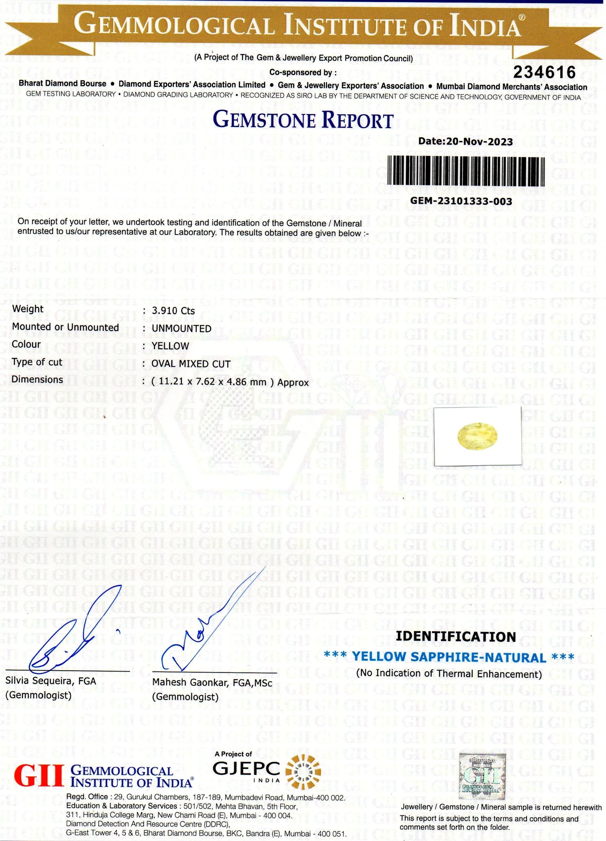 3.91 Ct GII Certified Unheated Untreated Natural Ceylon Yellow Sapphire - Venus Gems