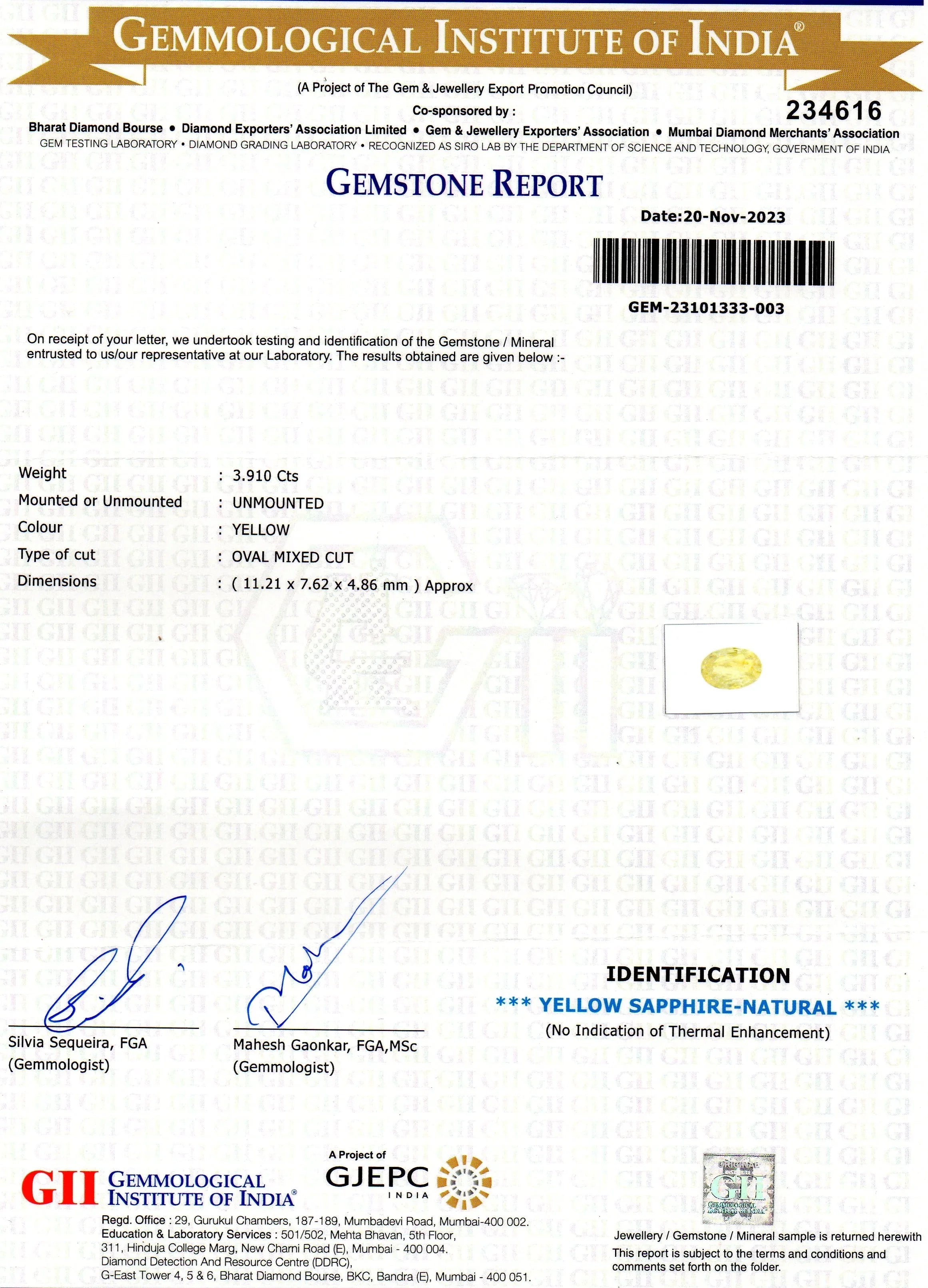 3.91 Ct GII Certified Unheated Untreated Natural Ceylon Yellow Sapphire - Venus Gems