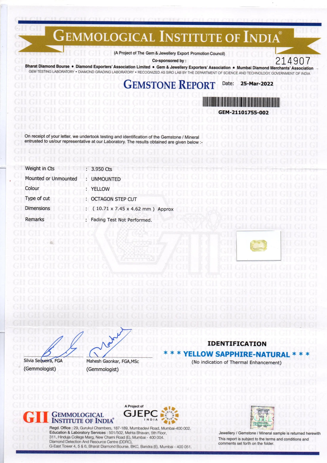 3.95 Ct GII Certified Unheated Untreated Natural Ceylon Yellow Sapphire AA
