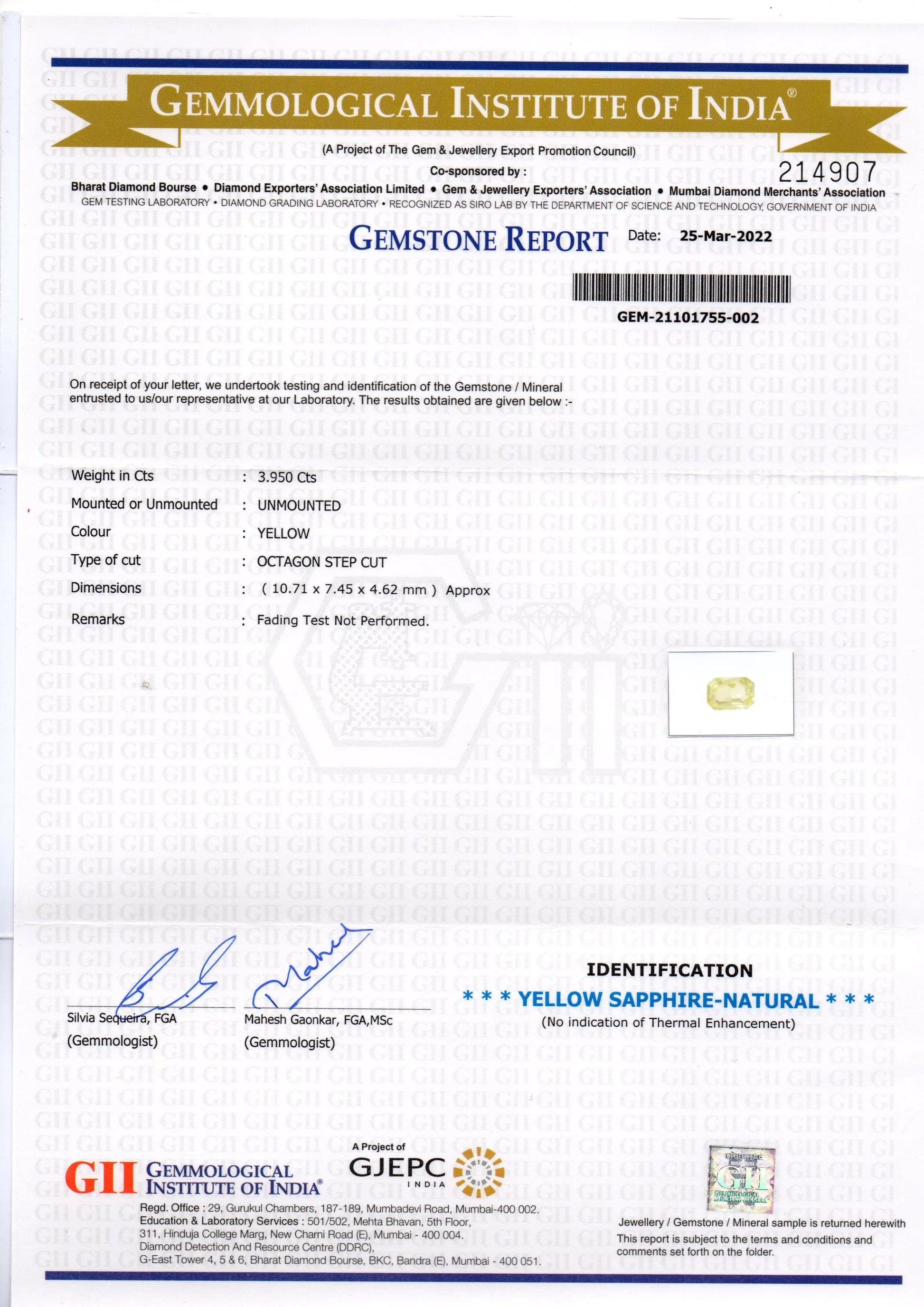 3.95 Ct GII Certified Unheated Untreated Natural Ceylon Yellow Sapphire AA