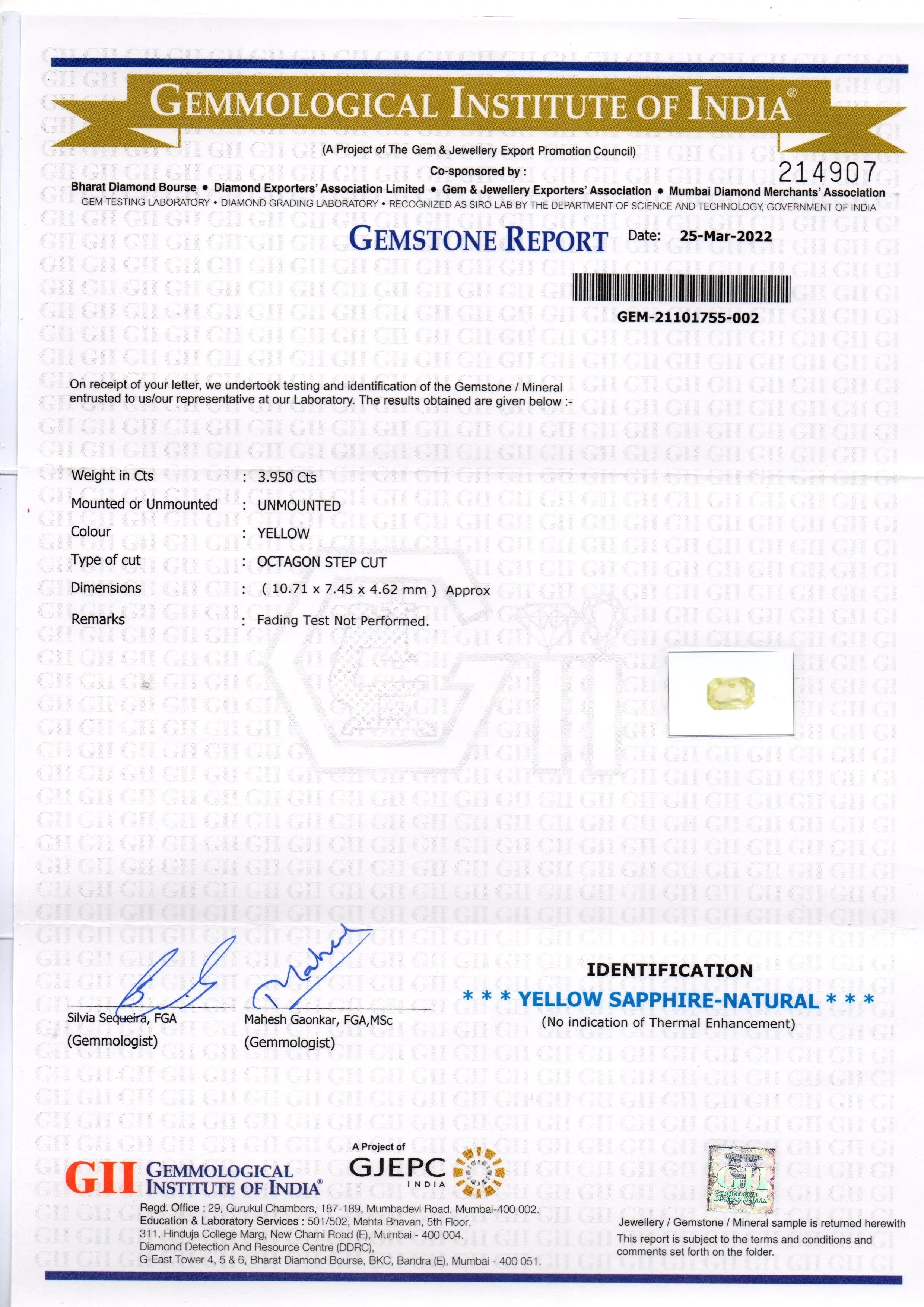 3.95 Ct GII Certified Unheated Untreated Natural Ceylon Yellow Sapphire AA