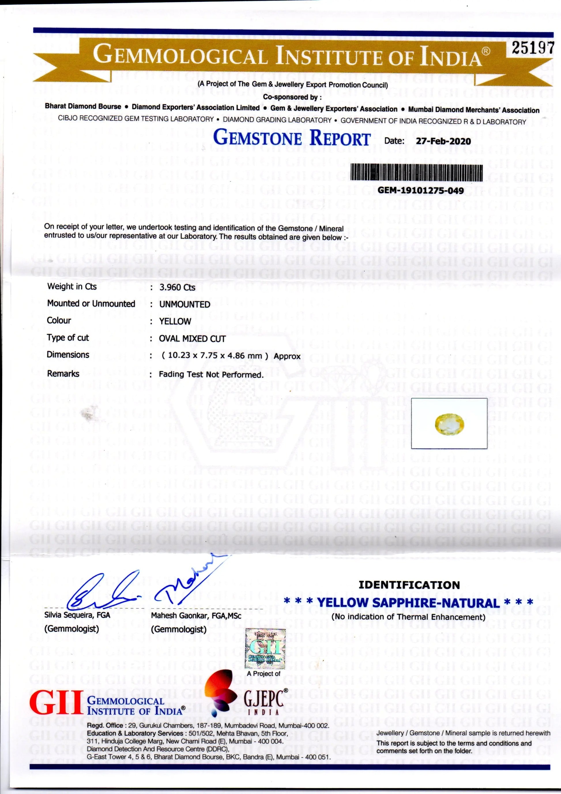 3.96 Ct GII Certified Unheated Untreated Natural Ceylon Yellow Sapphire