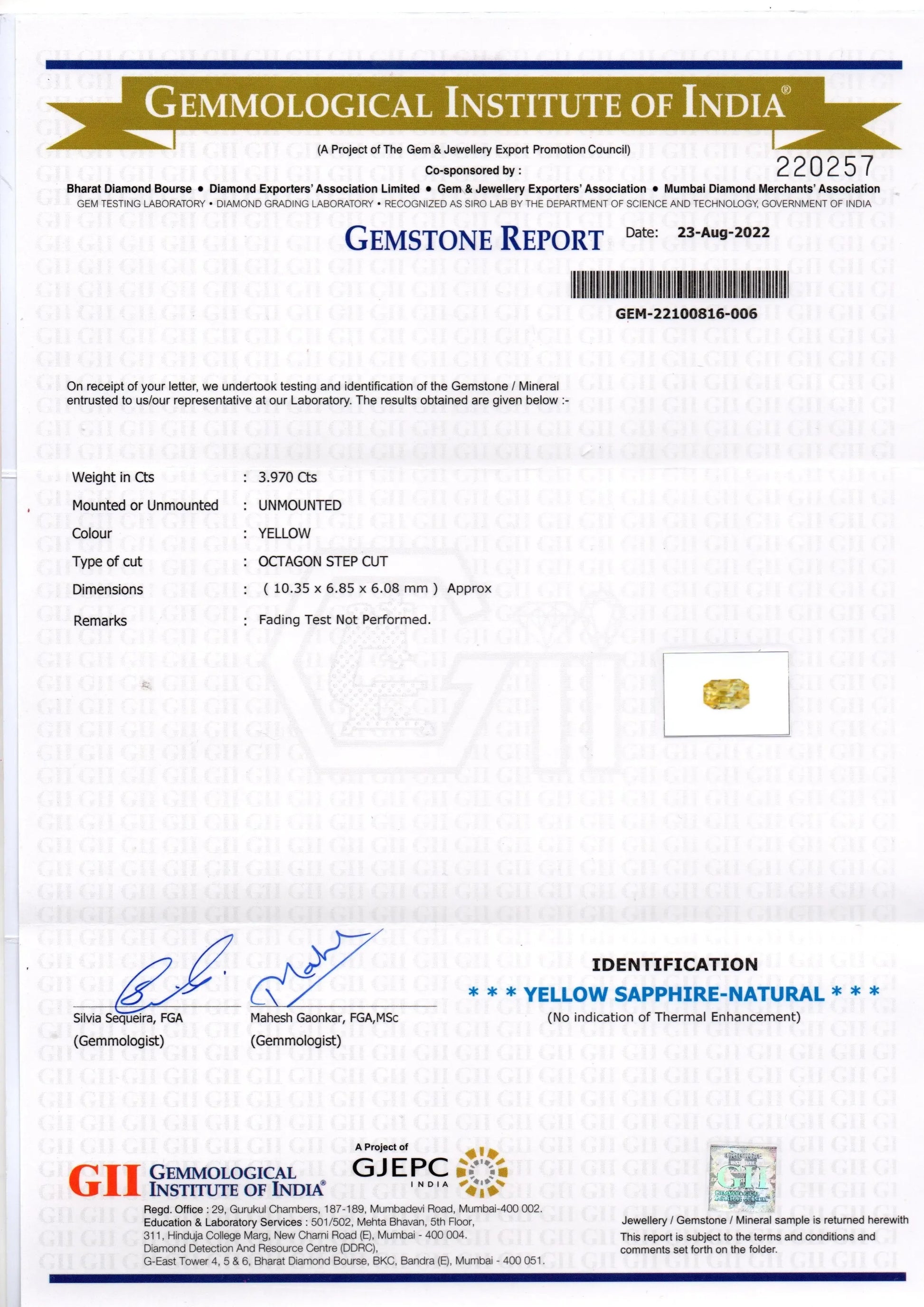 3.97 Ct GII Certified Unheated Untreated Natural Ceylon Yellow Sapphire - Venus Gems