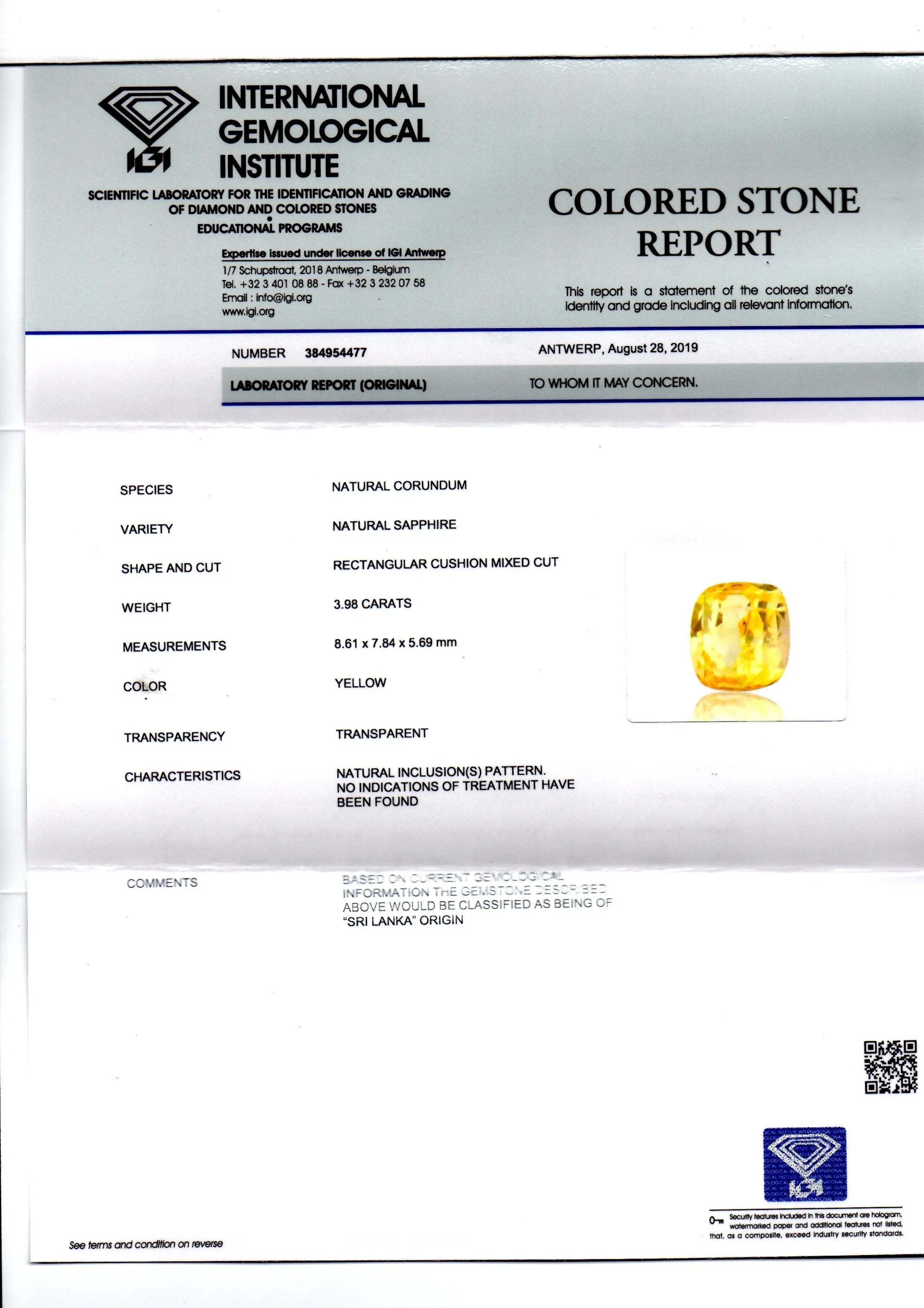 3.98 Ct IGI Certified Unheated Untreated Natural Ceylon Yellow Sapphire