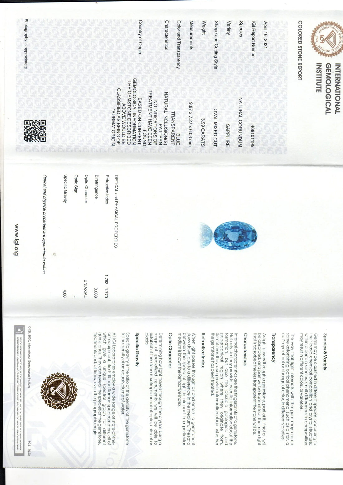 3.99 Ct IGI Certified Unheated Untreated Natural Burma Blue Sapphire AAAA - Venus Gems