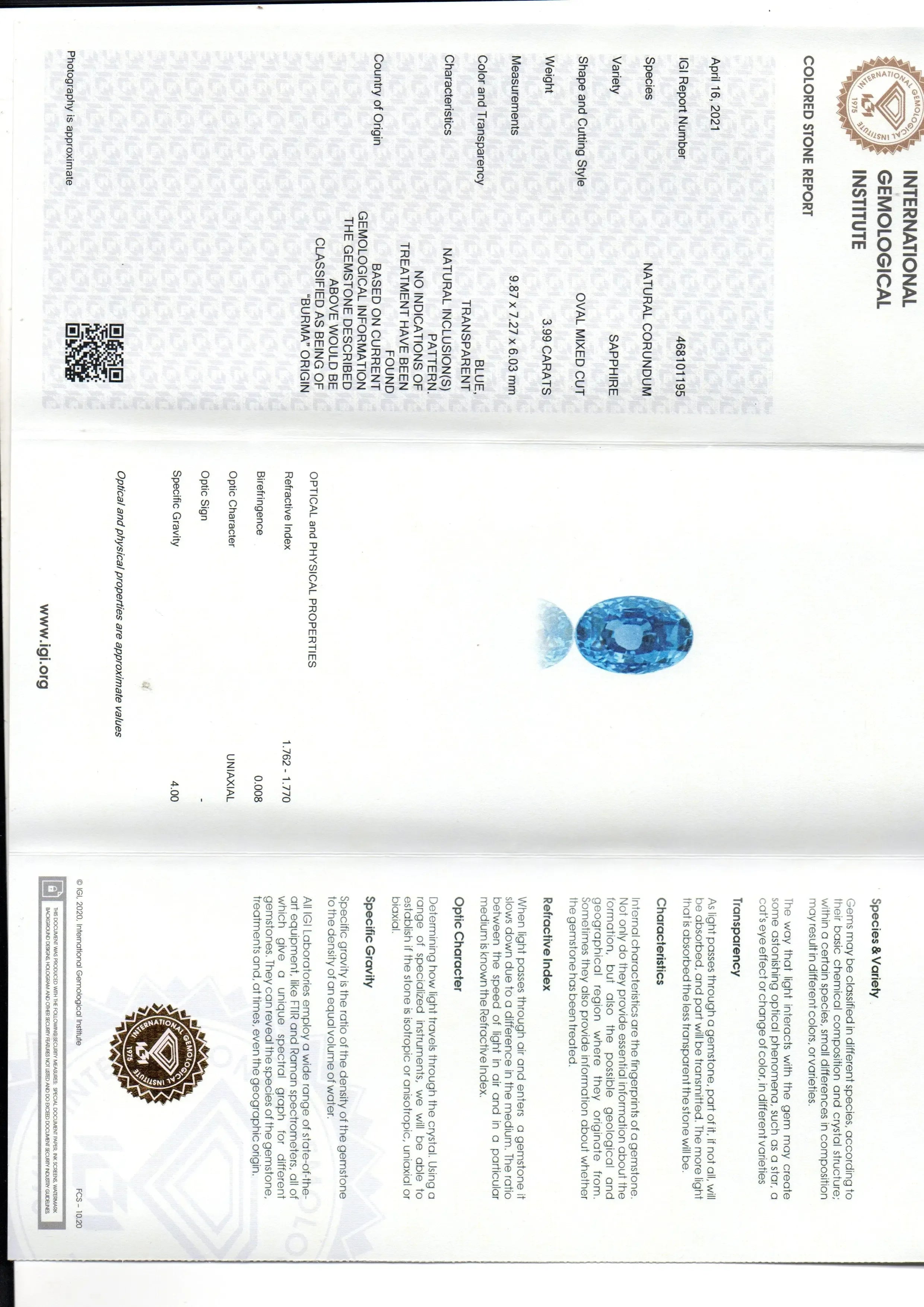 3.99 Ct IGI Certified Unheated Untreated Natural Burma Blue Sapphire AAAA - Venus Gems
