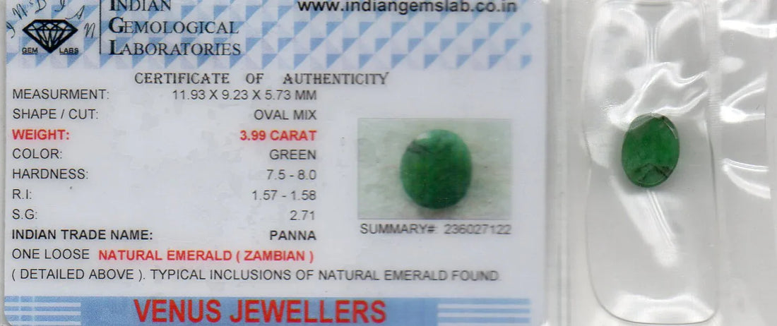3.99 Ct Certified Untreated Natural Zambian Emerald Panna Gemstone - Venus Gems
