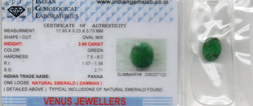 3.99 Ct Certified Untreated Natural Zambian Emerald Panna Gemstone - Venus Gems
