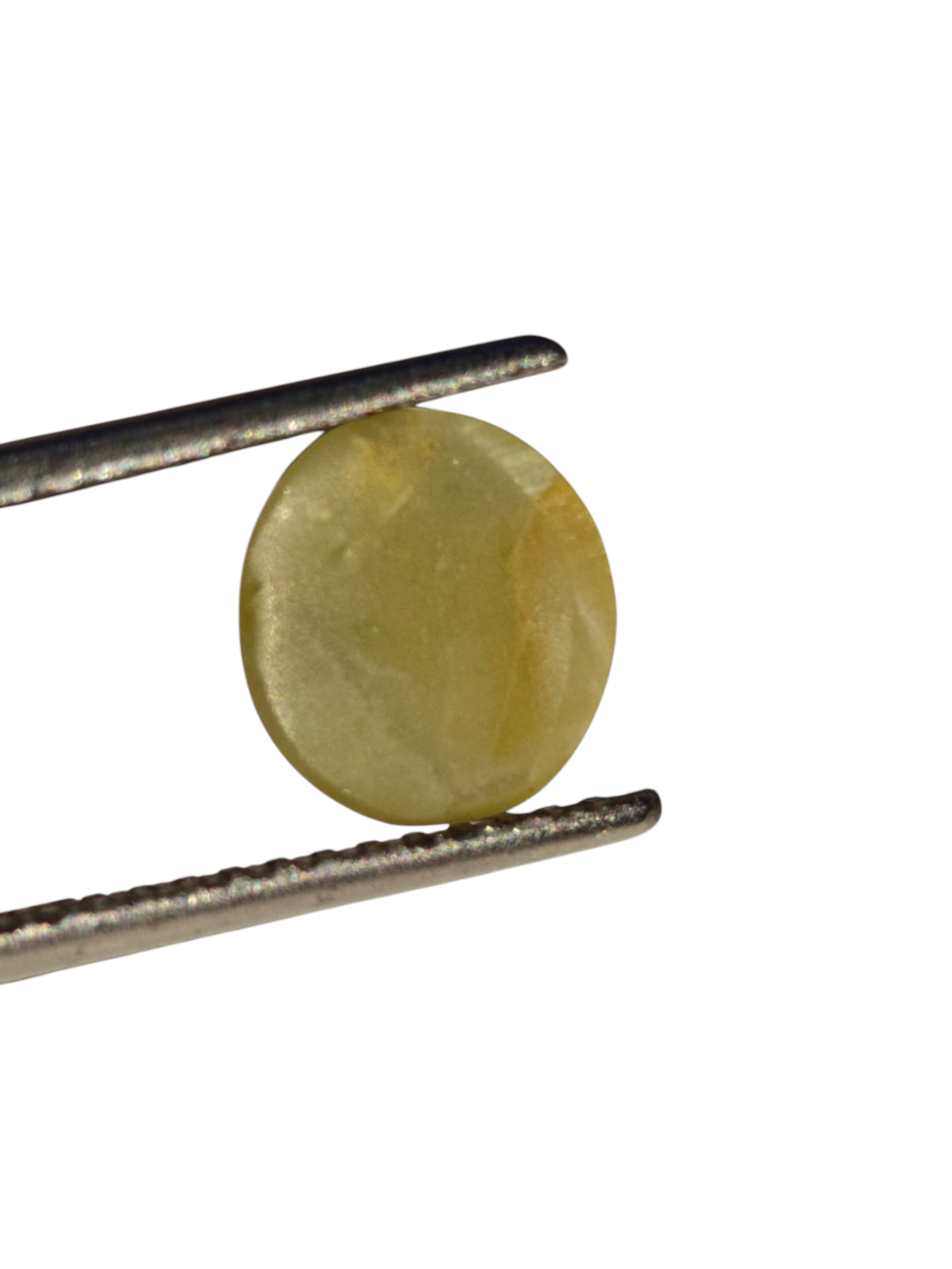 Venus Gems 3.23 carat untreated natural green chrysoberyl cat's eye gemstone in an oval cabochon cut held by tweezers.