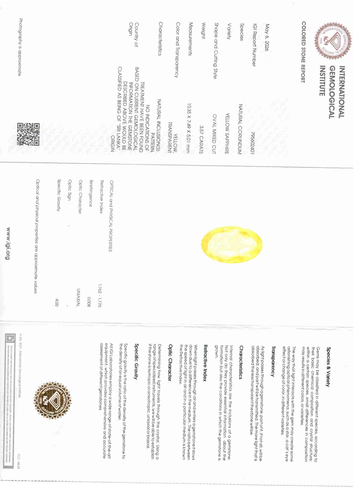 Venus Gems IGI certified report for a 3.57 carat natural unheated Ceylon yellow sapphire gemstone