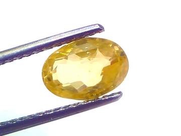 Oval yellow sapphire held by tweezers, showcasing its brilliance and clarity. IGI certified, 3.15 carats, unheated.