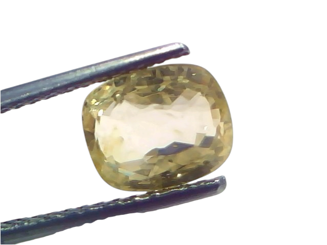 3.27 Ct IGI Certified Unheated Natural Ceylon Yellow Sapphire Pukhraj displayed in tweezers, showcasing its brilliant cut and