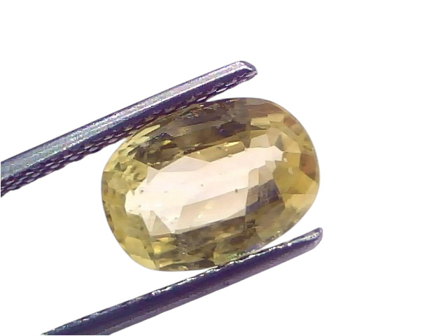 3.63 Ct IGI Certified Unheated Natural Ceylon Yellow Sapphire Pukhraj held by tweezers, showcasing its brilliant yellow hue a