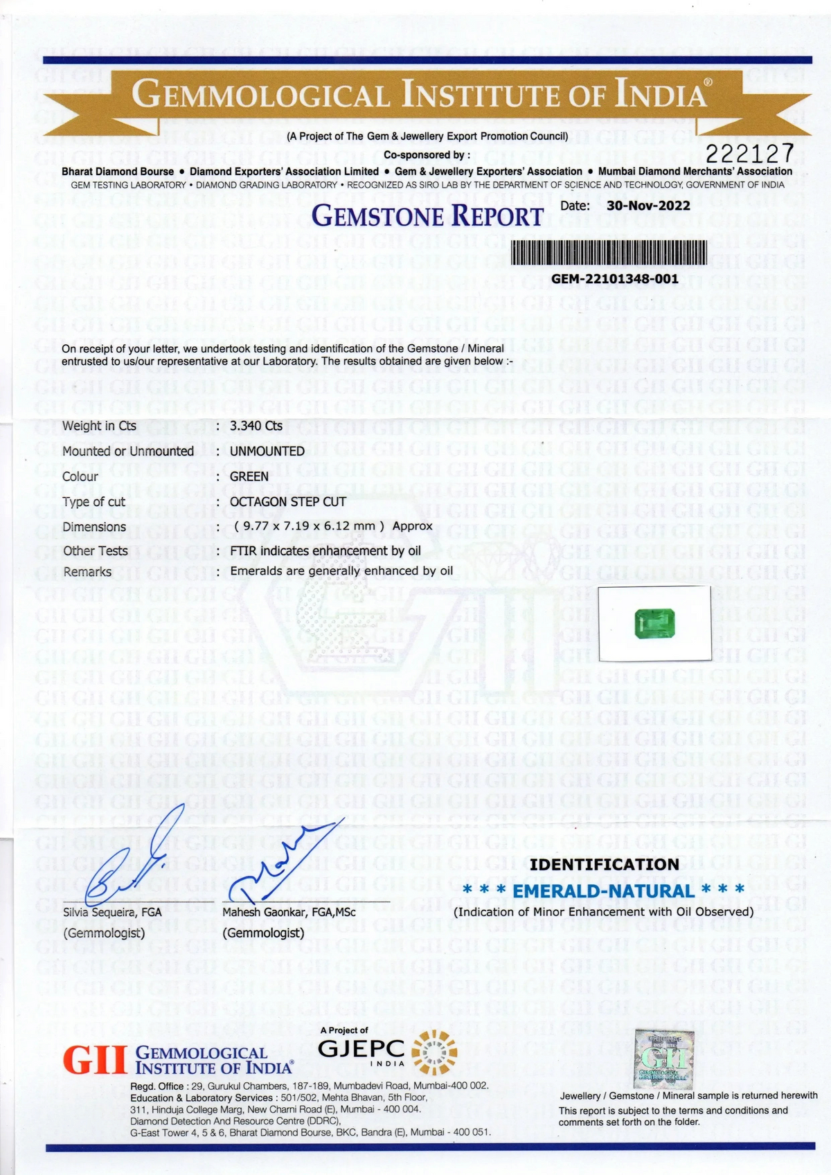 3.34 Ct GII Certified Untreated Natural Zambian Emerald Gemstone AAA - Venus Gems