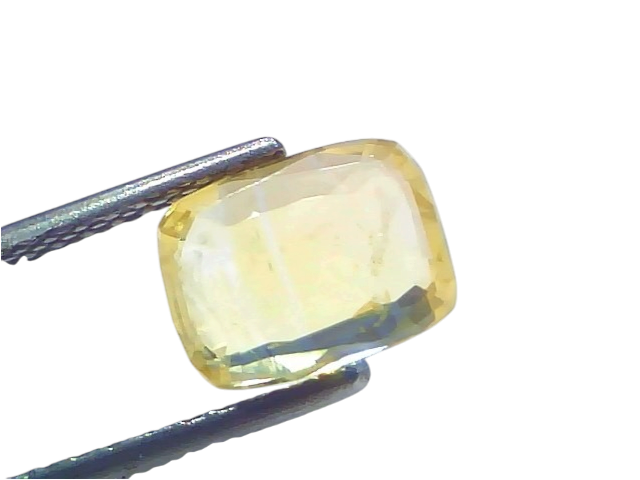 3.02 Ct IGI Certified Unheated Natural Ceylon Yellow Sapphire Pukhraj, rectangular cut, displayed with tweezers against a lig