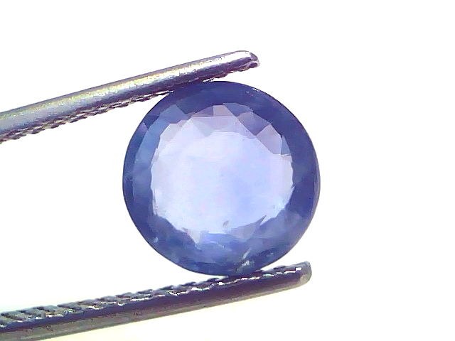 3.02 Ct Certified Unheated Untreated Natural Ceylon Blue Sapphire, round cut, displayed between tweezers against a light back