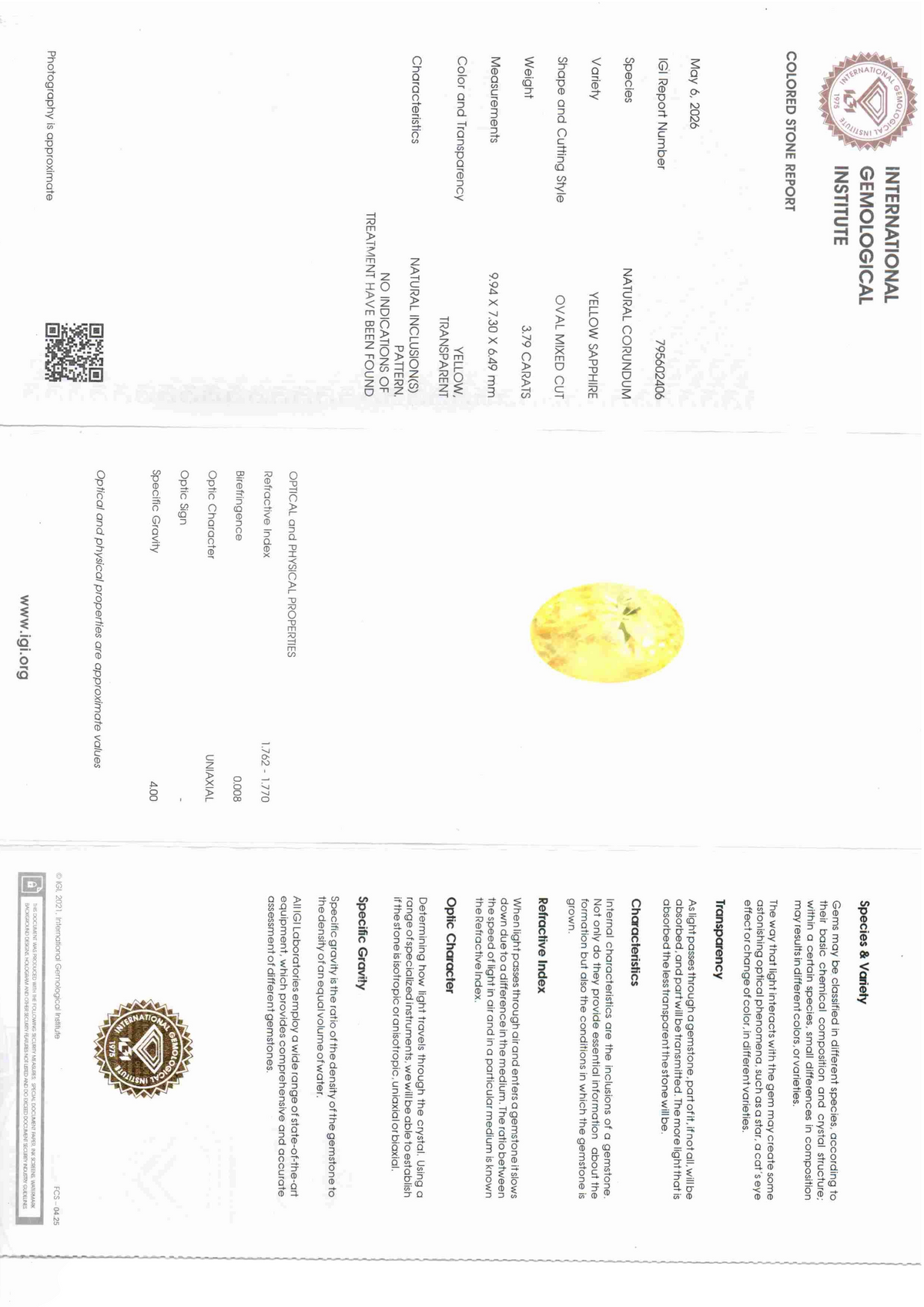 IGI Certified report for 3.79 Carat Yellow Sapphire Pukhraj stone, featuring details on color, clarity, and certification.