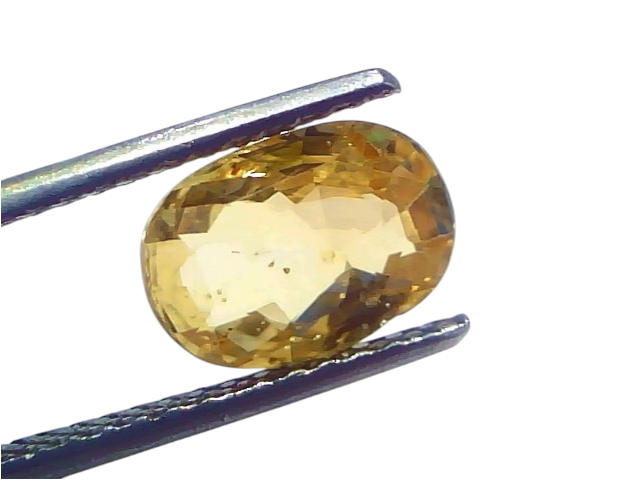 3.13 carat IGI certified yellow sapphire Pukhraj, unheated, displayed between tweezers, showcasing its oval cut and brillianc