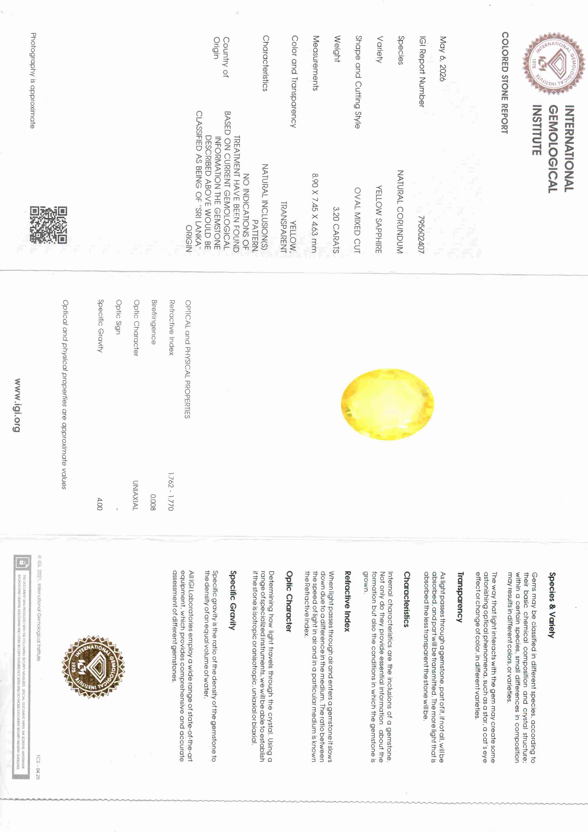 IGI certificate for 3.20 carat unheated natural Ceylon yellow sapphire from Venus Gems, detailing authenticity and quality.