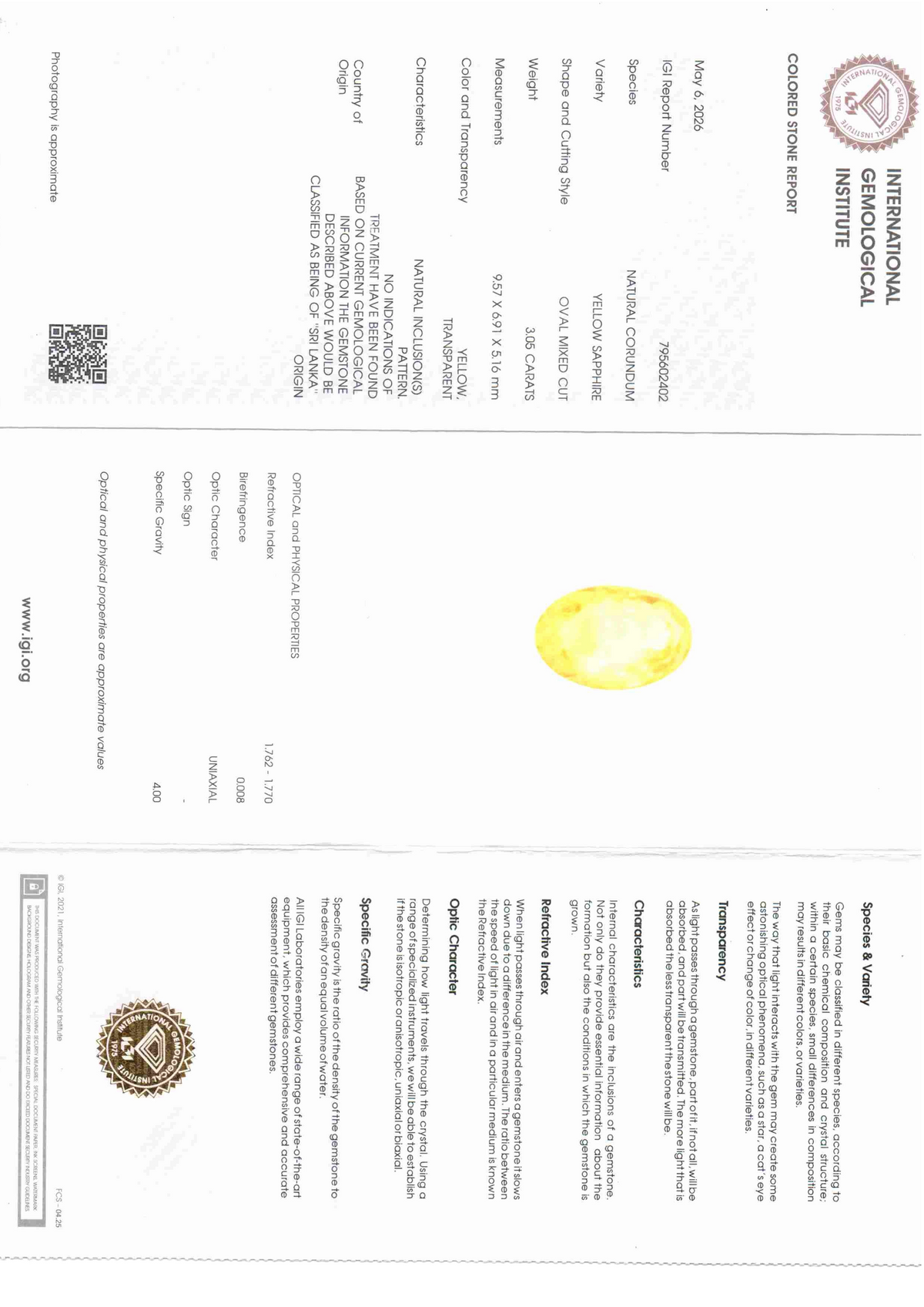 IGI Certified report for a 3.05 Carat unheated natural Ceylon yellow sapphire, detailing specifications and origin.