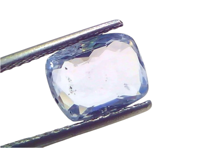 3.50 Ct Certified Unheated Untreated Natural Ceylon Blue Sapphire, displayed on tweezers, showcasing its clear blue hue and f