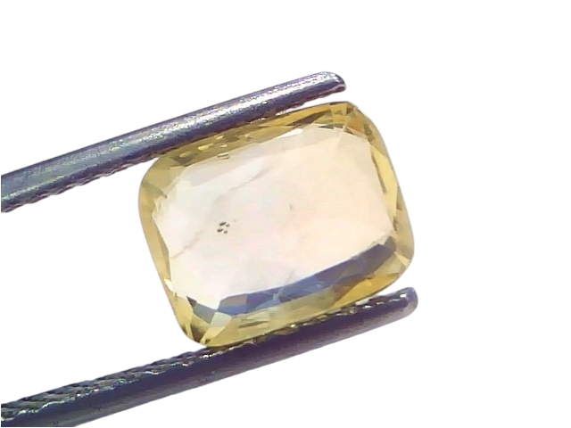 3.12 Ct IGI Certified Unheated Natural Ceylon Yellow Sapphire Pukhraj, displayed in tweezers against a light background.