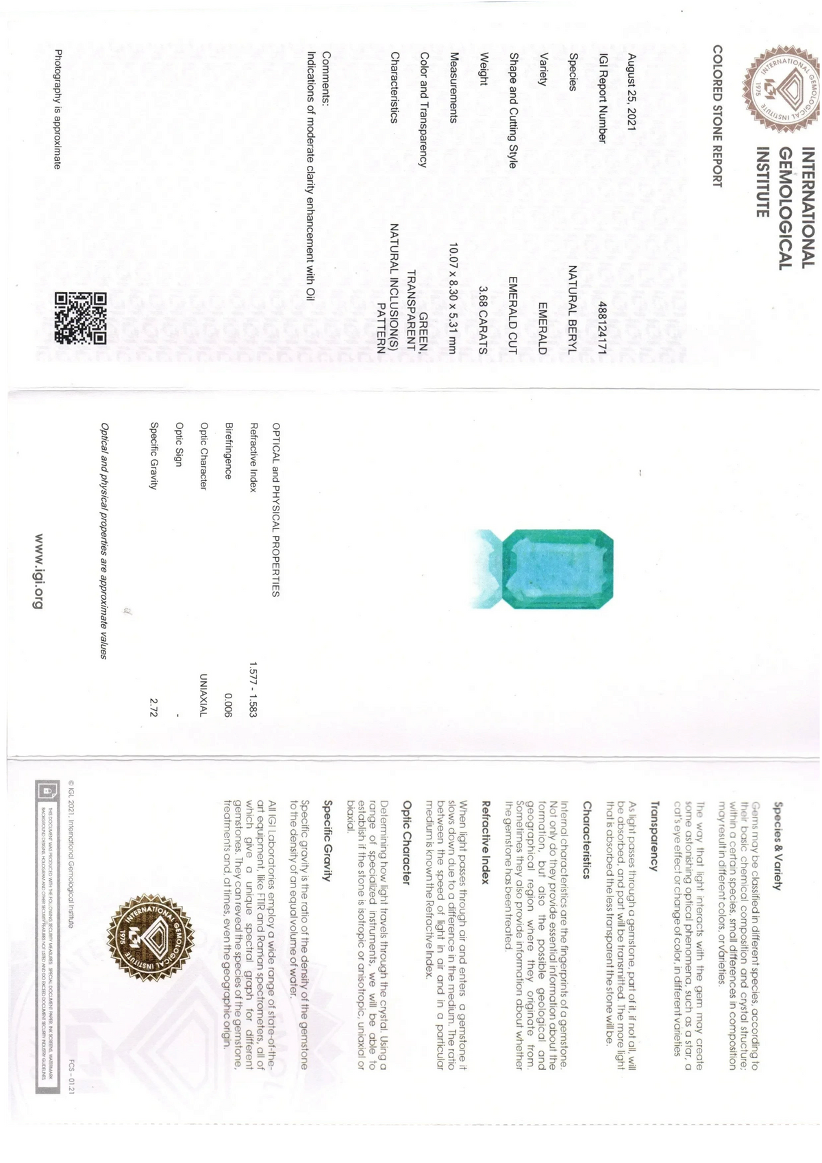 3.68 Ct IGI Certified Untreated Natural Colombian Emerald Gems AAA - Venus Gems