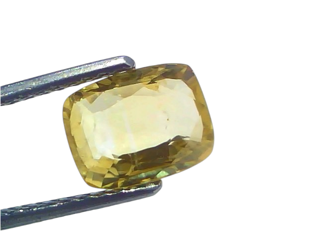 3.02 Ct IGI Certified Unheated Natural Ceylon Yellow Sapphire Pukhraj, rectangular cut, displayed with tweezers against a lig