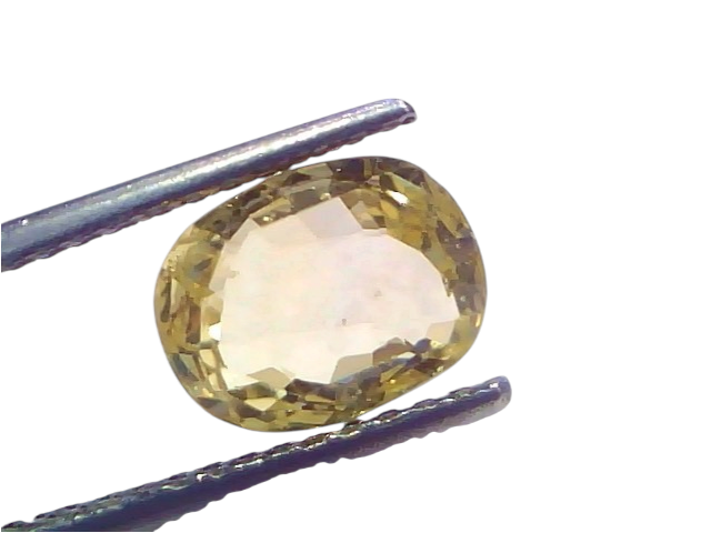 3.19 Ct IGI Certified Unheated Natural Ceylon Yellow Sapphire Pukhraj held in tweezers, showcasing its vibrant yellow hue and