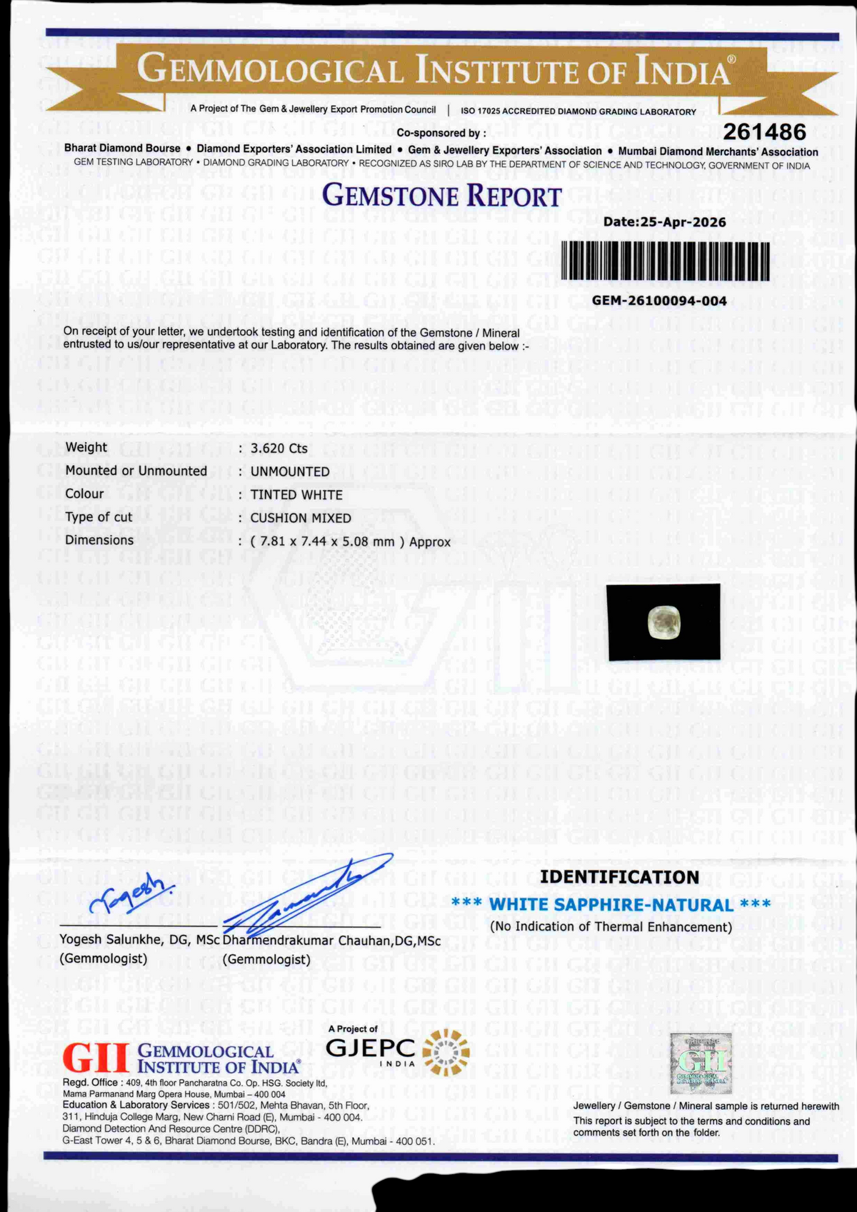Gemstone report for 3.62 Ct GII Certified Unheated Untreated Natural Ceylon White Sapphire, detailing specifications and cert
