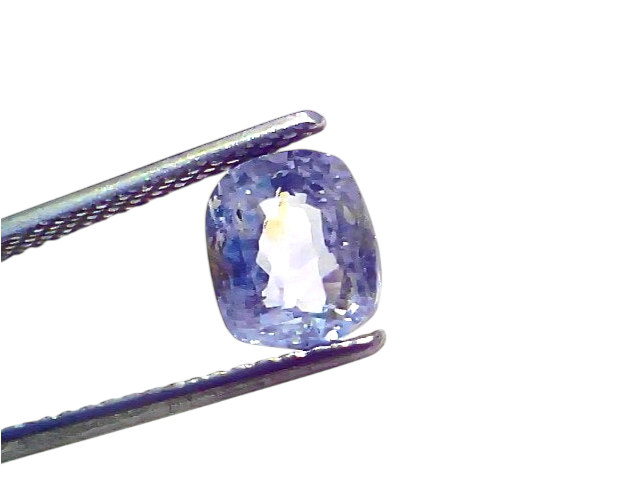 3.15 Ct unheated untreated natural Ceylon yellow blue Pitambari sapphire held by tweezers, showcasing its cushion cut and cla
